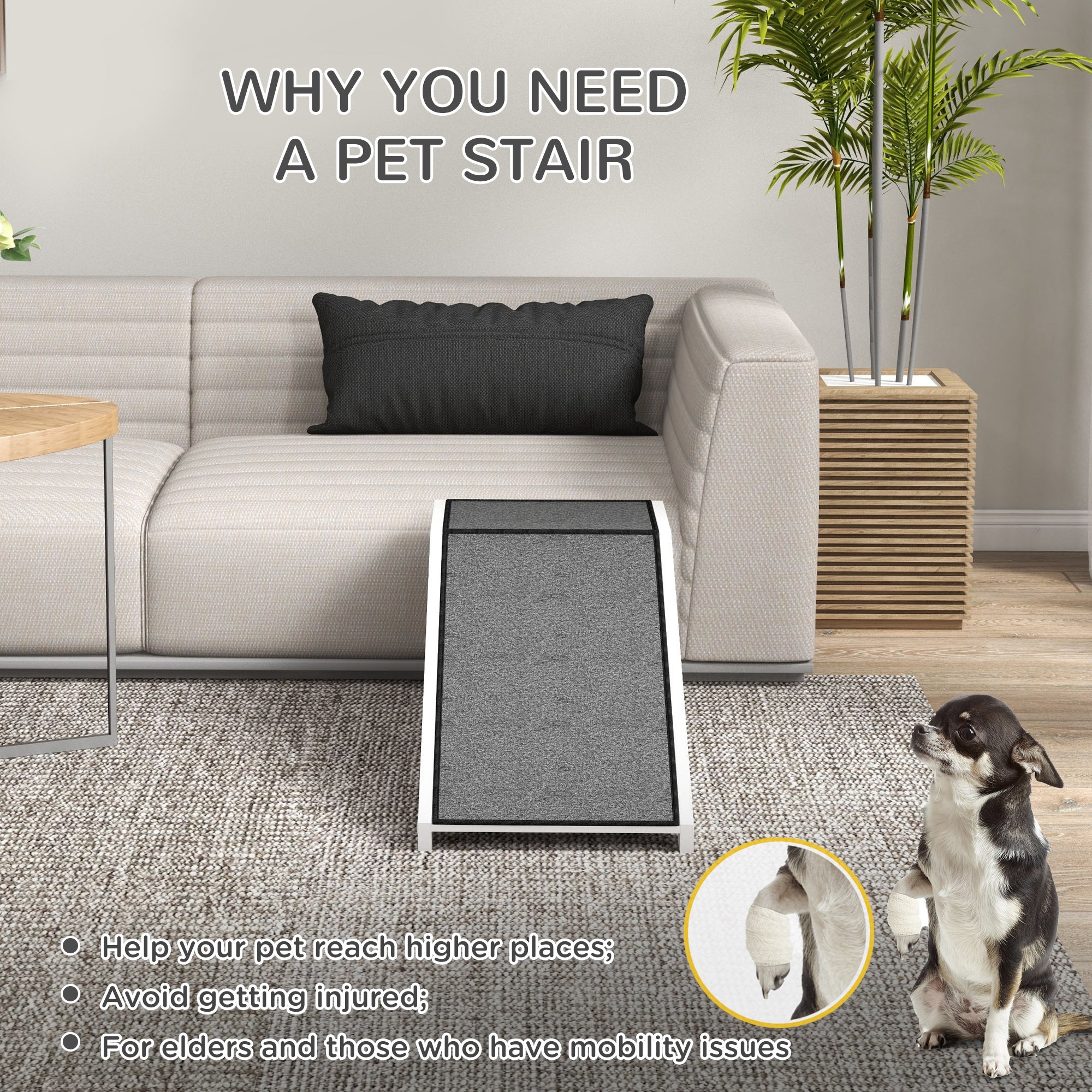 PawHut Pet Ramp Bed Steps for Dogs Cats Non-slip Carpet Top Platform Pine Wood 49"L x 16"W x 14"H White