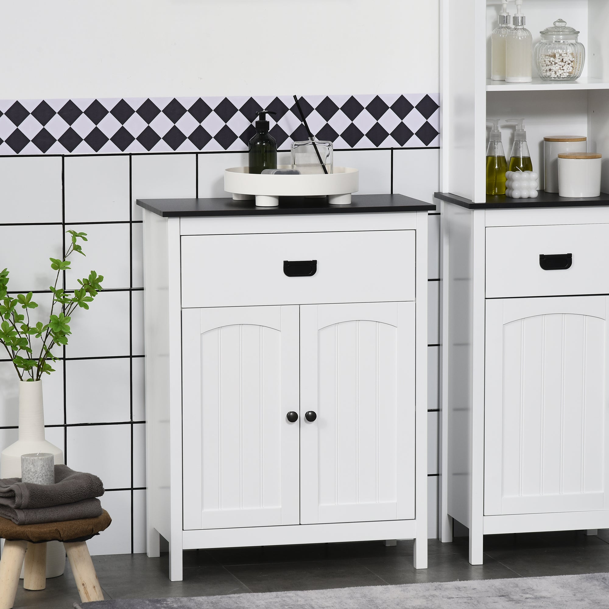 kleankin Bathroom Floor Cabinet with Drawer, Freestanding Storage Organizer with Double Doors, Adjustable Shelf for Living Room, White