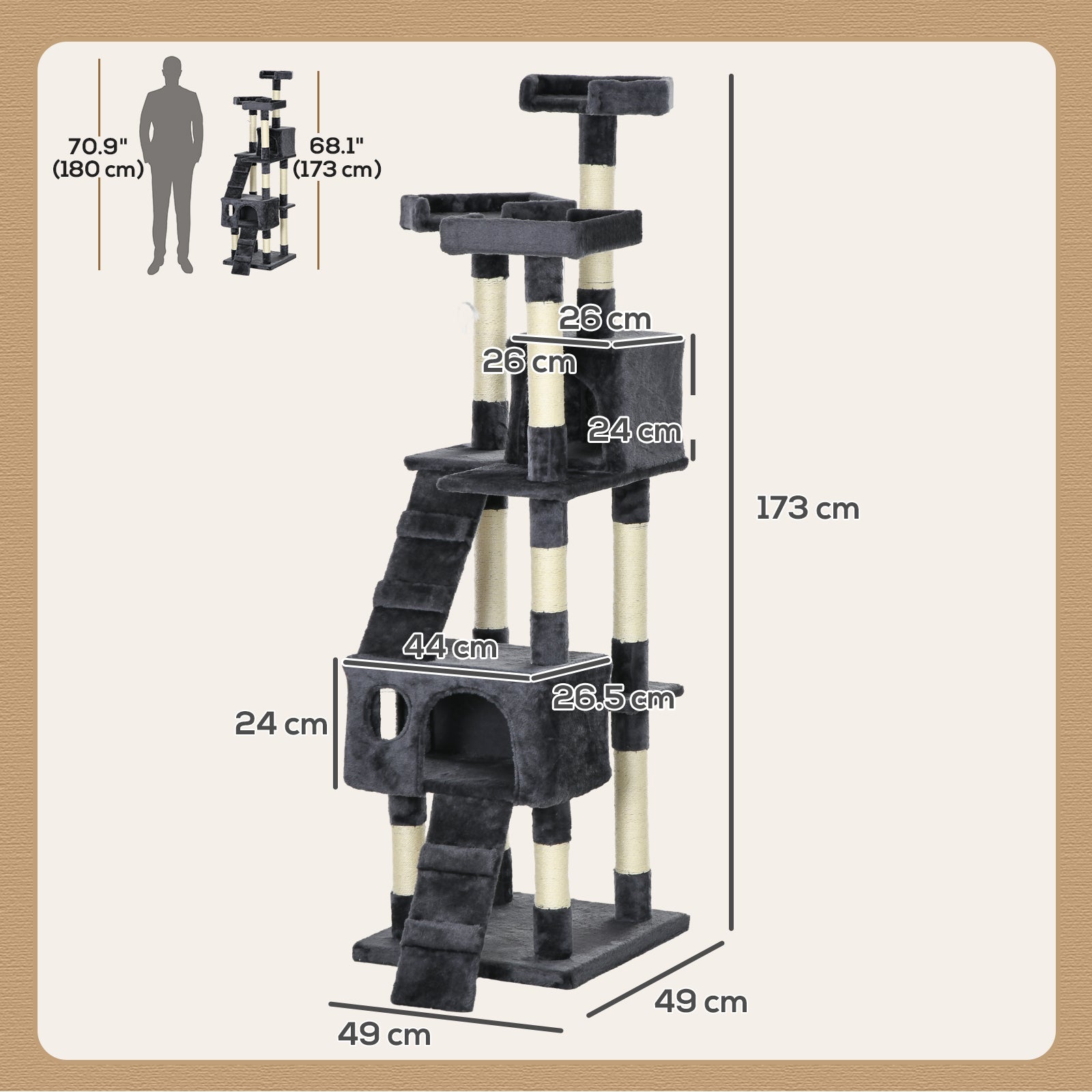 PawHut Cat Tree for Indoor Cats, 173cm Cat Tower Scratching Post Tall Climbing Tower, Activity Centre House - Charcoal Grey