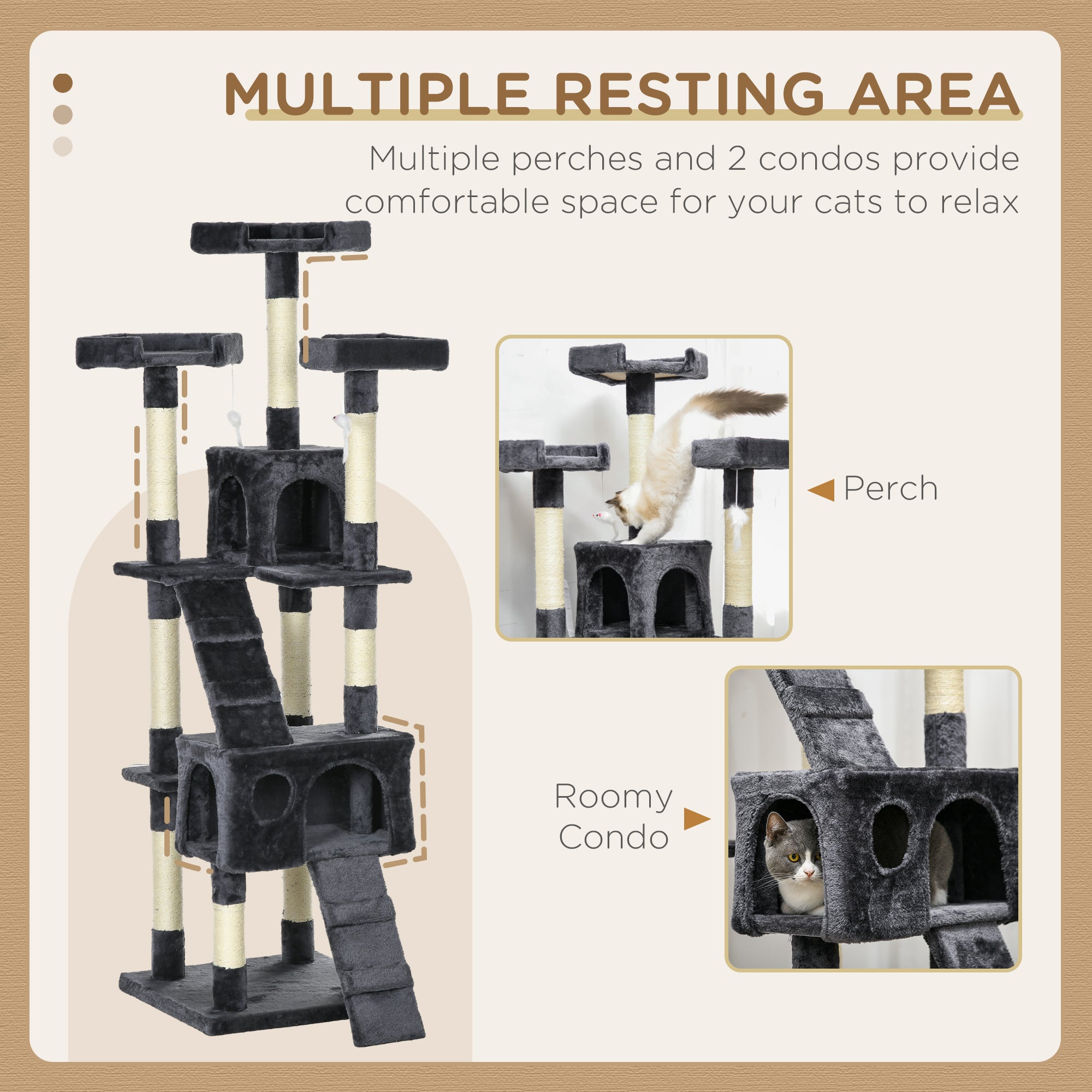 PawHut 68 inches Cat Tree, Multi-Level Large Cat Tower Condo with Scratching Posts, Perches, Cat Houses, Dangling Toy, Charcoal Grey