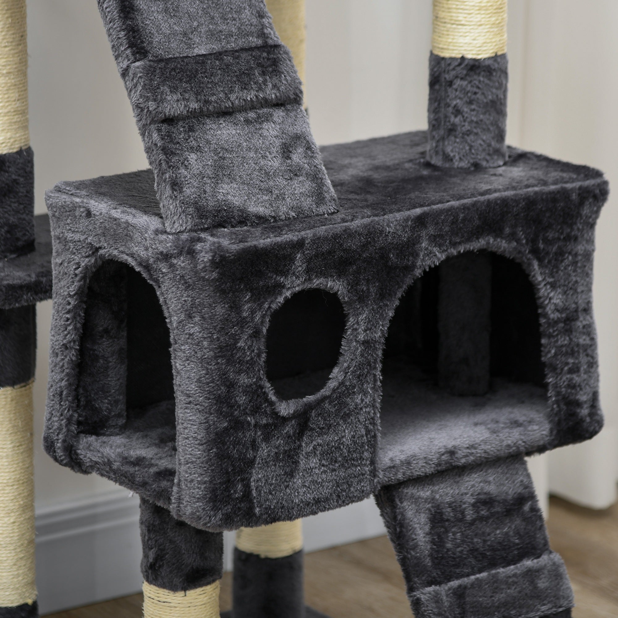 PawHut 68 inches Cat Tree, Multi-Level Large Cat Tower Condo with Scratching Posts, Perches, Cat Houses, Dangling Toy, Charcoal Grey