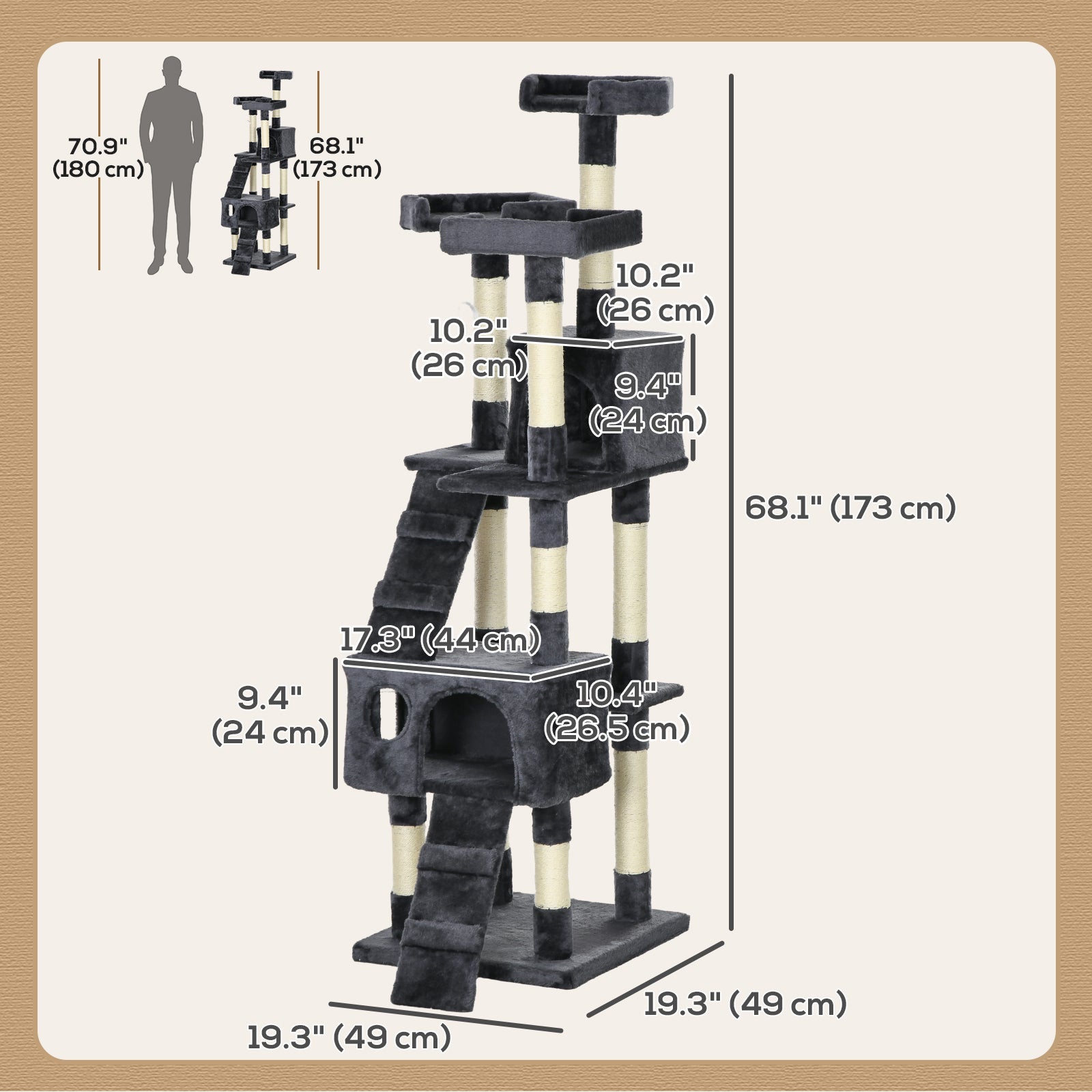 PawHut 68 inches Cat Tree, Multi-Level Large Cat Tower Condo with Scratching Posts, Perches, Cat Houses, Dangling Toy, Charcoal Grey