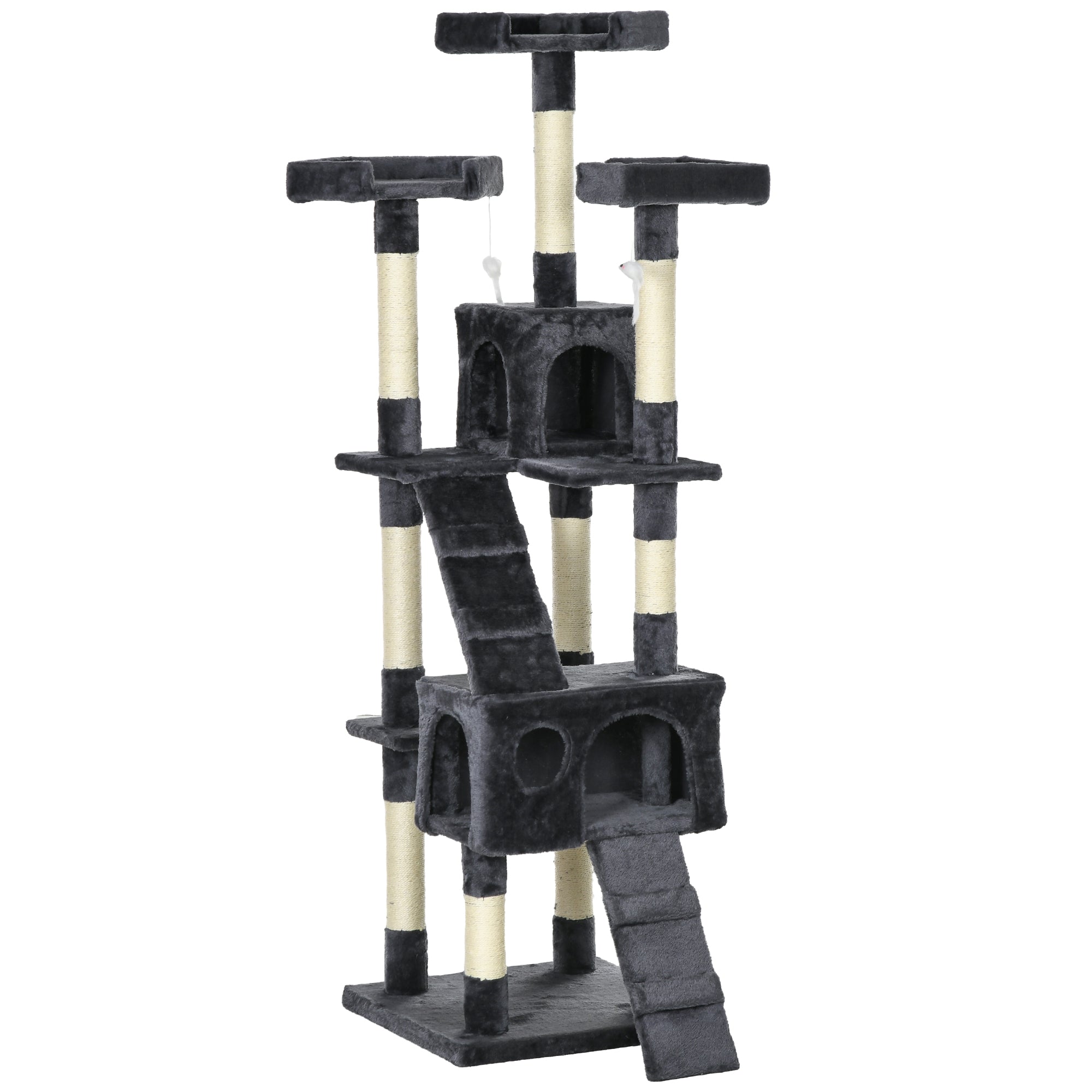 PawHut 68 inches Cat Tree, Multi-Level Large Cat Tower Condo with Scratching Posts, Perches, Cat Houses, Dangling Toy, Charcoal Grey