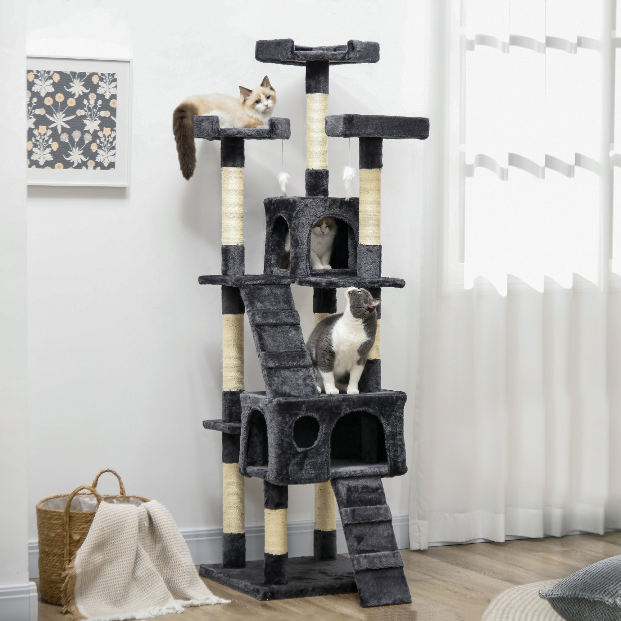 PawHut 68 inches Cat Tree, Multi-Level Large Cat Tower Condo with Scratching Posts, Perches, Cat Houses, Dangling Toy, Charcoal Grey