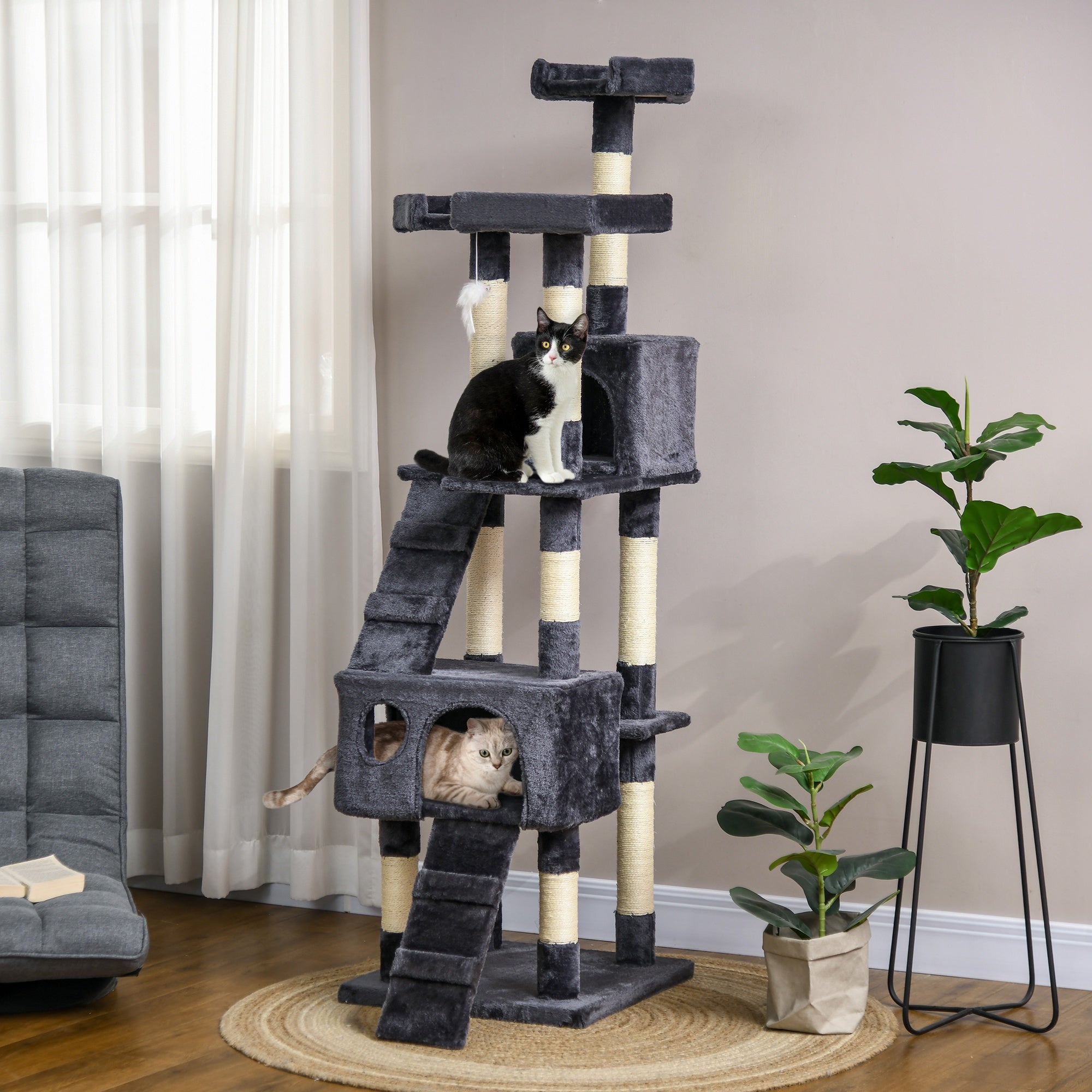 PawHut 68 inches Cat Tree, Multi-Level Large Cat Tower Condo with Scratching Posts, Perches, Cat Houses, Dangling Toy, Charcoal Grey