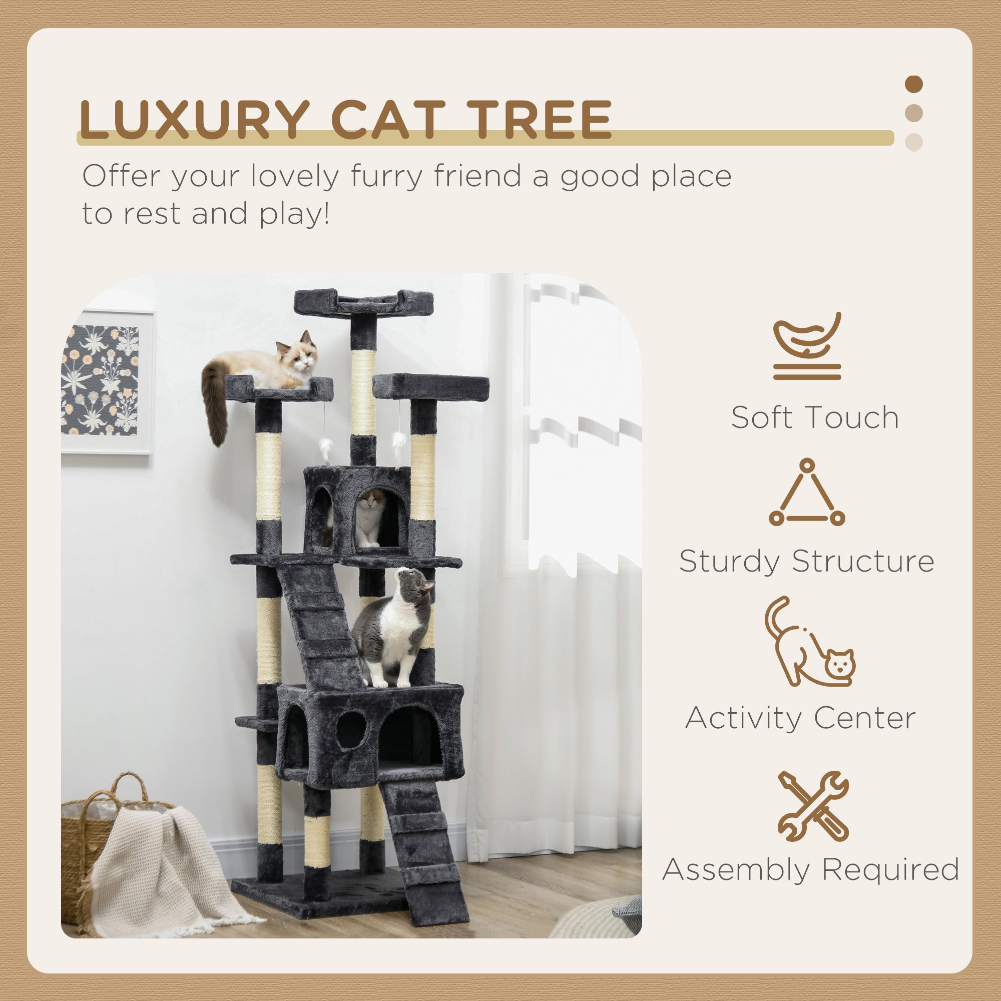 PawHut 68 inches Cat Tree, Multi-Level Large Cat Tower Condo with Scratching Posts, Perches, Cat Houses, Dangling Toy, Charcoal Grey
