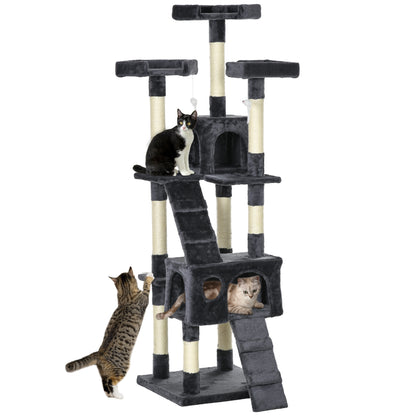 PawHut 68 inches Cat Tree, Multi-Level Large Cat Tower Condo with Scratching Posts, Perches, Cat Houses, Dangling Toy, Charcoal Grey