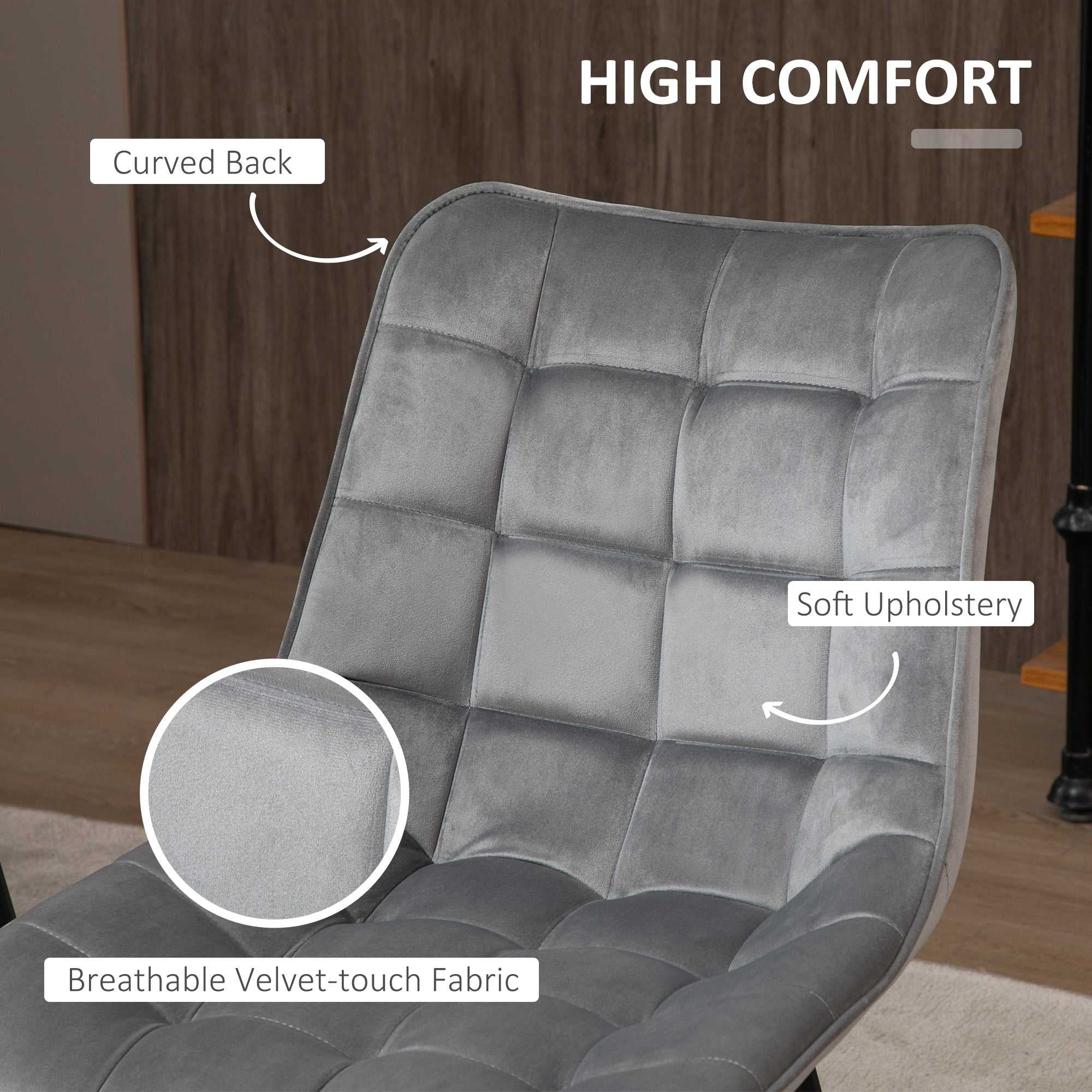 HOMCOM Modern Dining Chair Set of 2, Upholstered Accent Chairs, Soft Velvet-Touch Kitchen Chairs with Metal Legs for Living Room, Grey