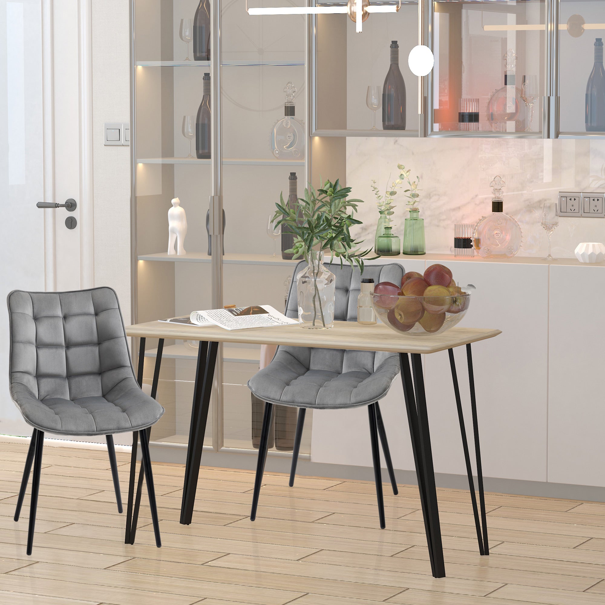 HOMCOM Modern Dining Chair Set of 2, Upholstered Accent Chairs, Soft Velvet-Touch Kitchen Chairs with Metal Legs for Living Room, Grey