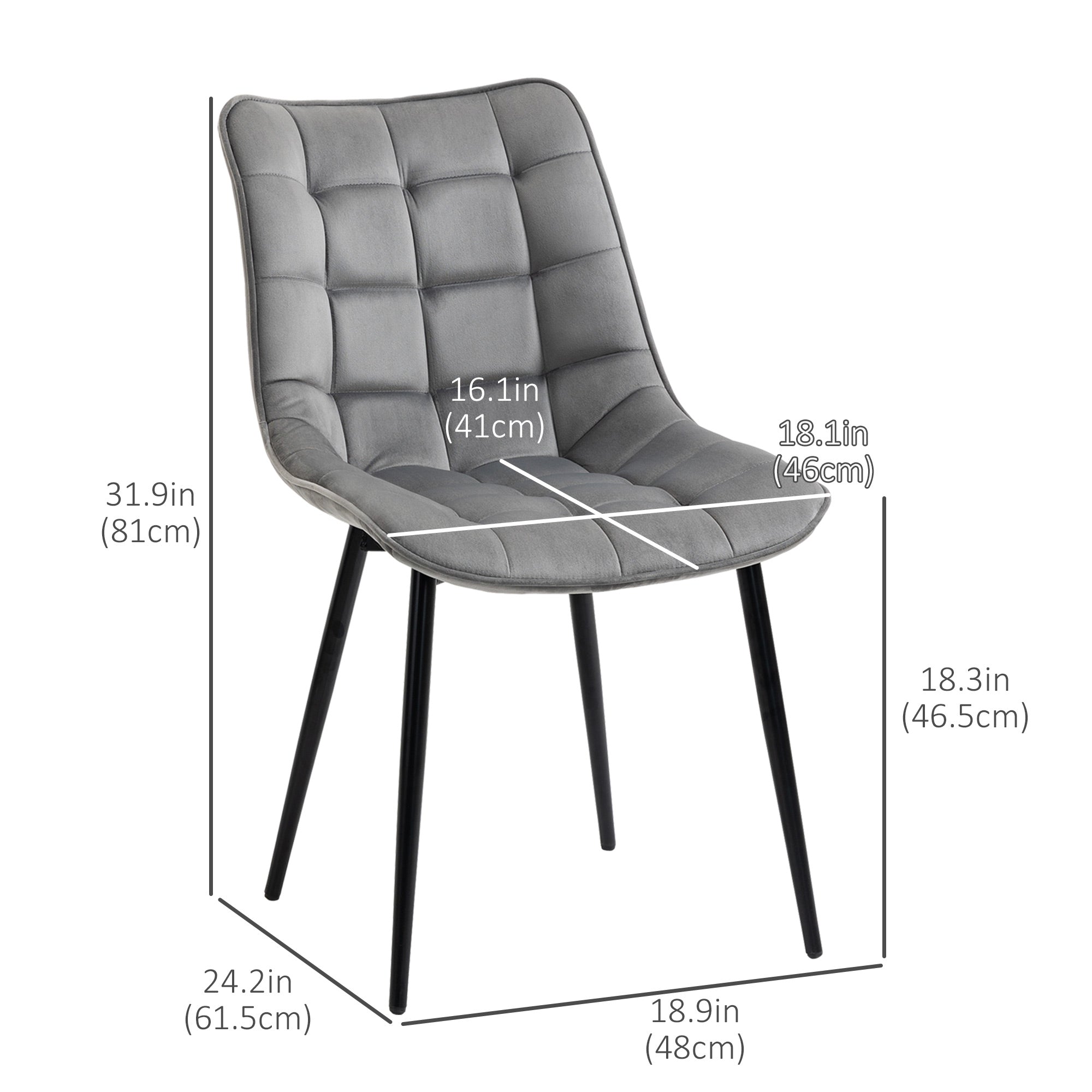 HOMCOM Modern Dining Chair Set of 2, Upholstered Accent Chairs, Soft Velvet-Touch Kitchen Chairs with Metal Legs for Living Room, Grey