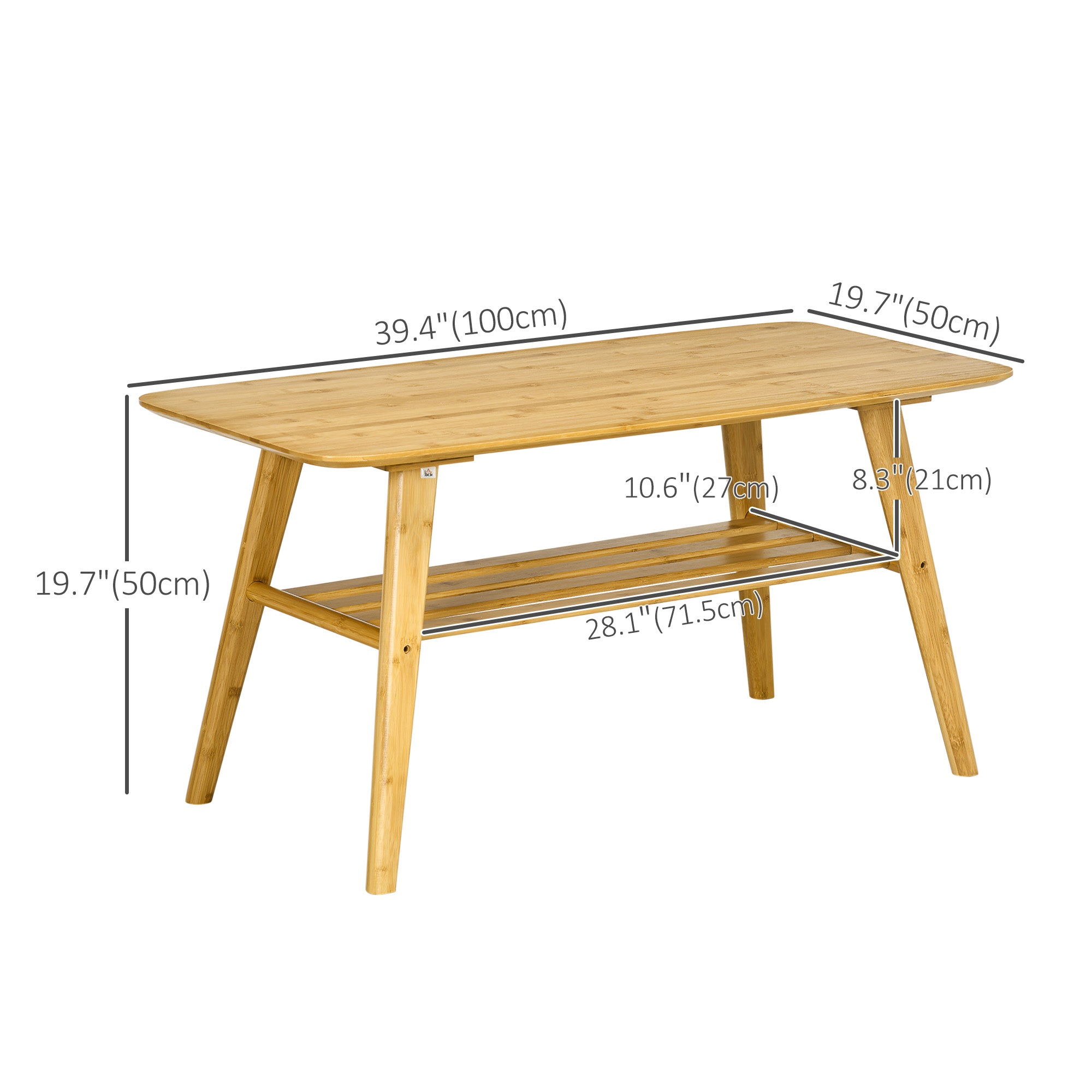 HOMCOM 2 Tier Coffee Table, Bamboo Center Table with Storage Shelf, Rectangle Cocktail Table for Living Room