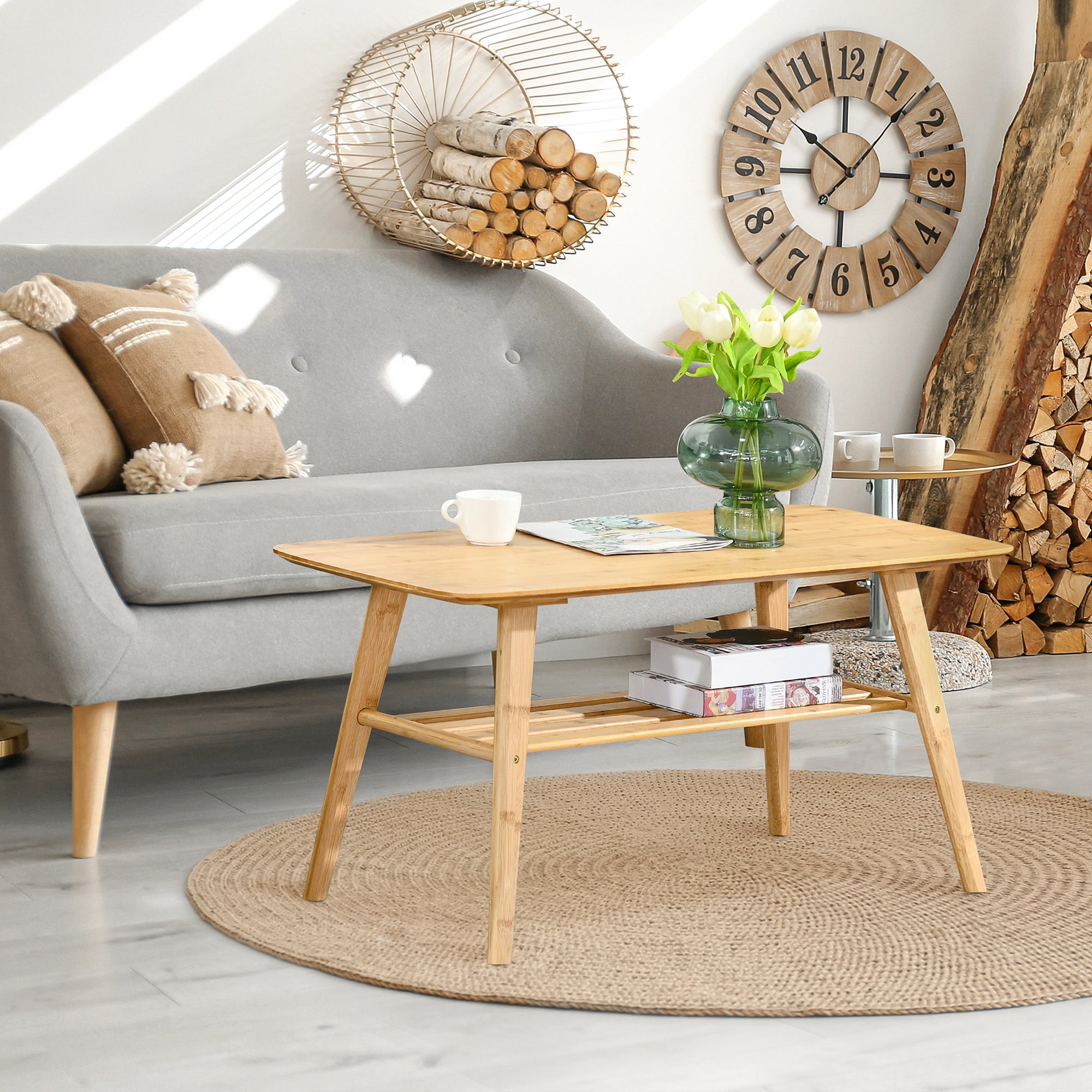 HOMCOM 2 Tier Coffee Table, Bamboo Center Table with Storage Shelf, Rectangle Cocktail Table for Living Room