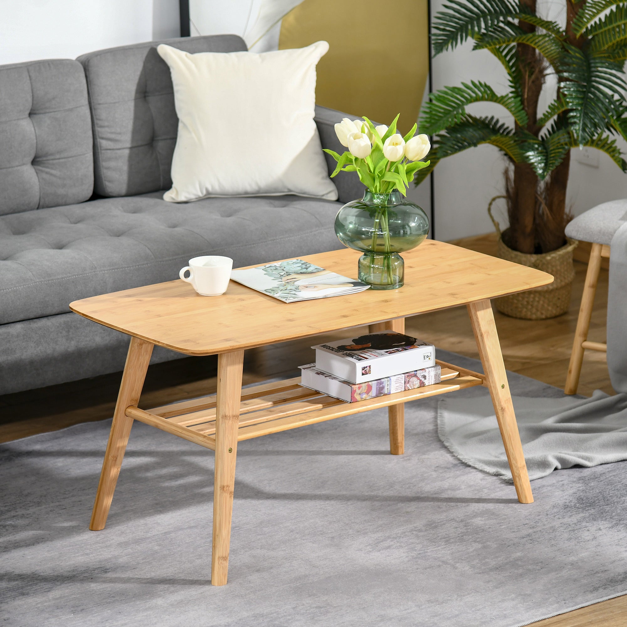 HOMCOM 2 Tier Coffee Table, Bamboo Center Table with Storage Shelf, Rectangle Cocktail Table for Living Room