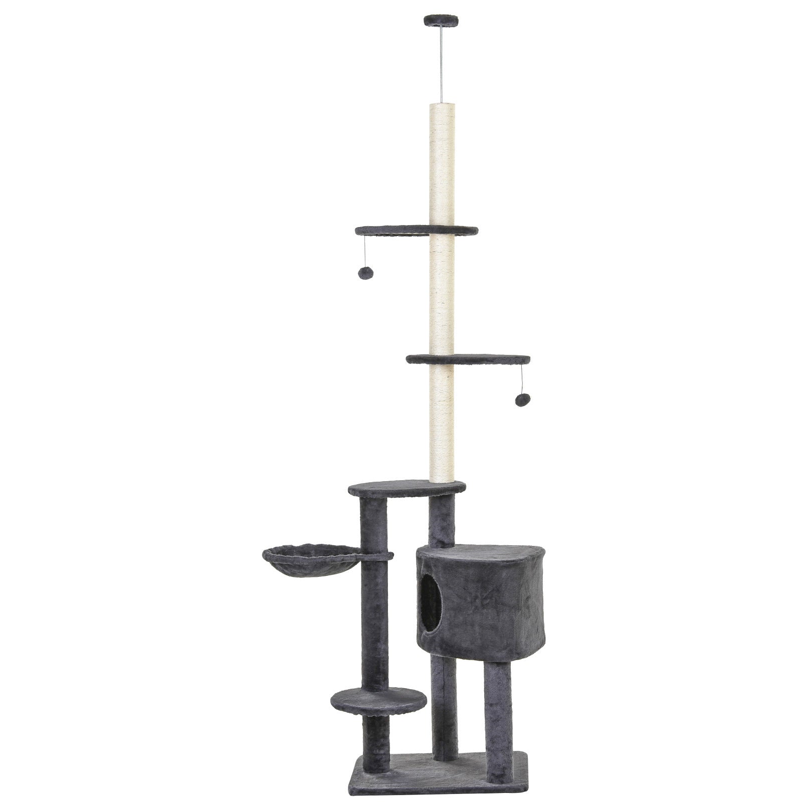 PawHut Floor-To-Ceiling Cat Tree Cat Climbing Tree Adjustable Height Vertical Cat Furniture with Carpeted Platforms, Condo, Sisal Rope Scratching Areas (86.5"-104.25") Dark Grey