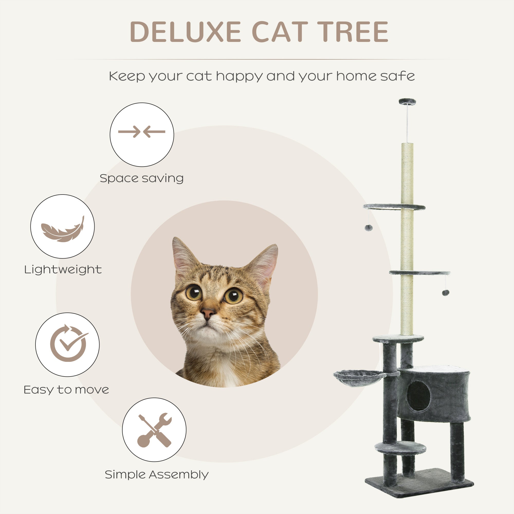 PawHut Floor-To-Ceiling Cat Tree Cat Climbing Tree Adjustable Height Vertical Cat Furniture with Carpeted Platforms, Condo, Sisal Rope Scratching Areas (86.5"-104.25") Dark Grey