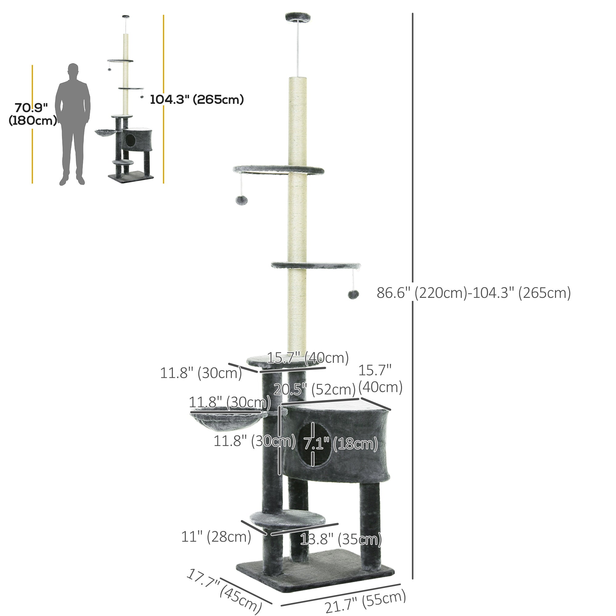 PawHut Floor-To-Ceiling Cat Tree Cat Climbing Tree Adjustable Height Vertical Cat Furniture with Carpeted Platforms, Condo, Sisal Rope Scratching Areas (86.5"-104.25") Dark Grey