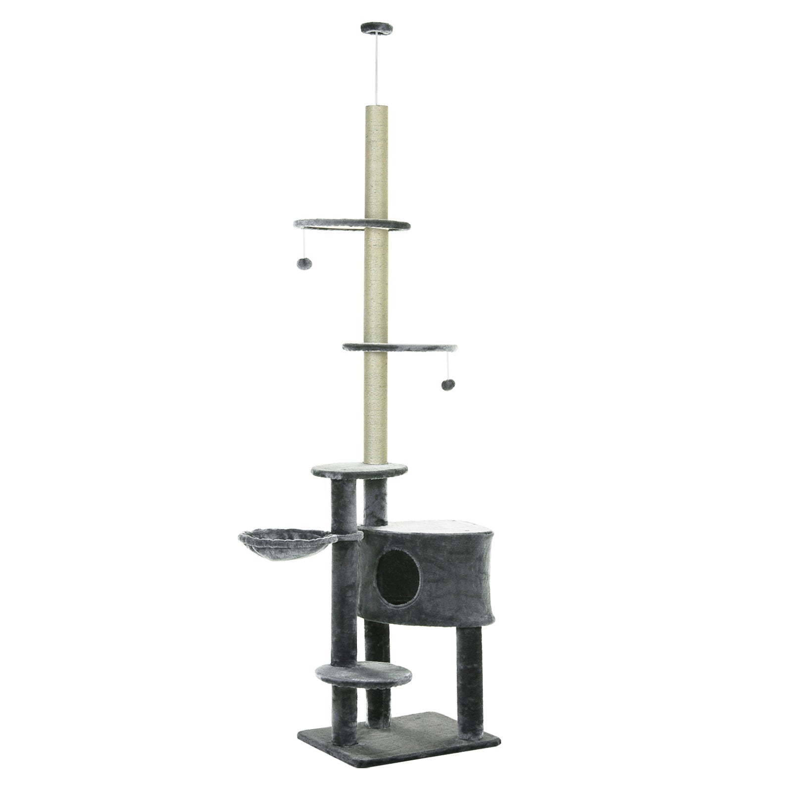 PawHut Floor-To-Ceiling Cat Tree Cat Climbing Tree Adjustable Height Vertical Cat Furniture with Carpeted Platforms, Condo, Sisal Rope Scratching Areas (86.5"-104.25") Dark Grey