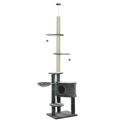 PawHut Floor-To-Ceiling Cat Tree Cat Climbing Tree Adjustable Height Vertical Cat Furniture with Carpeted Platforms, Condo, Sisal Rope Scratching Areas (86.5"-104.25") Dark Grey