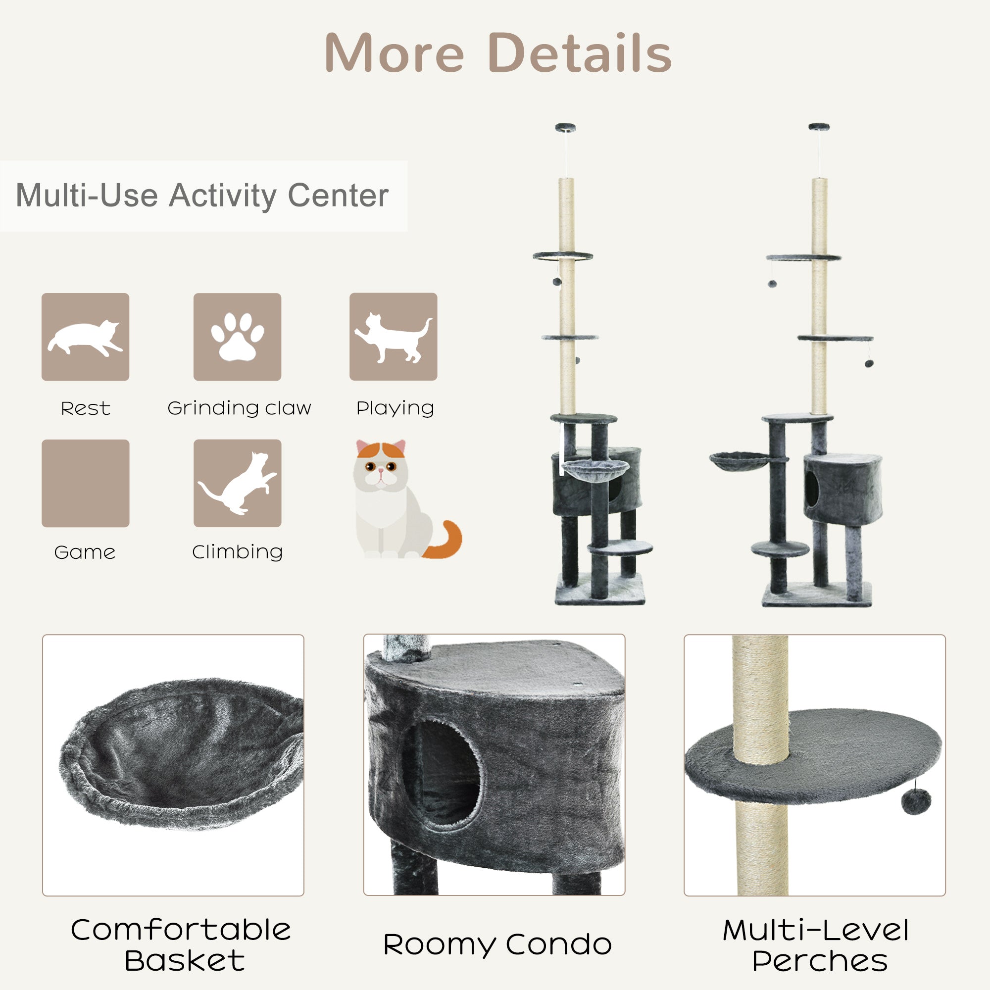 PawHut Floor-To-Ceiling Cat Tree Cat Climbing Tree Adjustable Height Vertical Cat Furniture with Carpeted Platforms, Condo, Sisal Rope Scratching Areas (86.5"-104.25") Dark Grey
