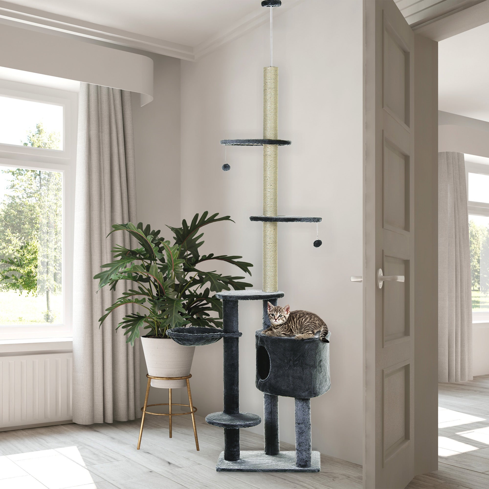 PawHut Floor-To-Ceiling Cat Tree Cat Climbing Tree Adjustable Height Vertical Cat Furniture with Carpeted Platforms, Condo, Sisal Rope Scratching Areas (86.5"-104.25") Dark Grey