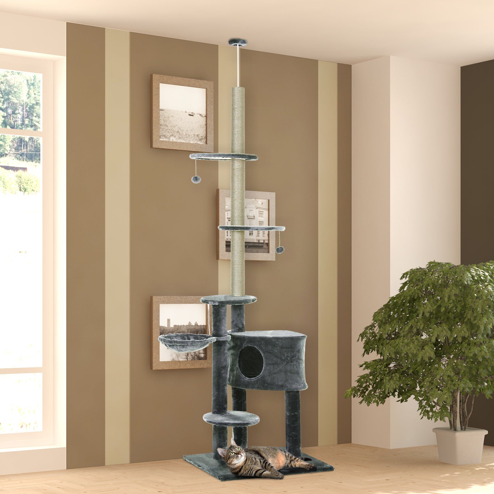 PawHut Floor-To-Ceiling Cat Tree Cat Climbing Tree Adjustable Height Vertical Cat Furniture with Carpeted Platforms, Condo, Sisal Rope Scratching Areas (86.5"-104.25") Dark Grey