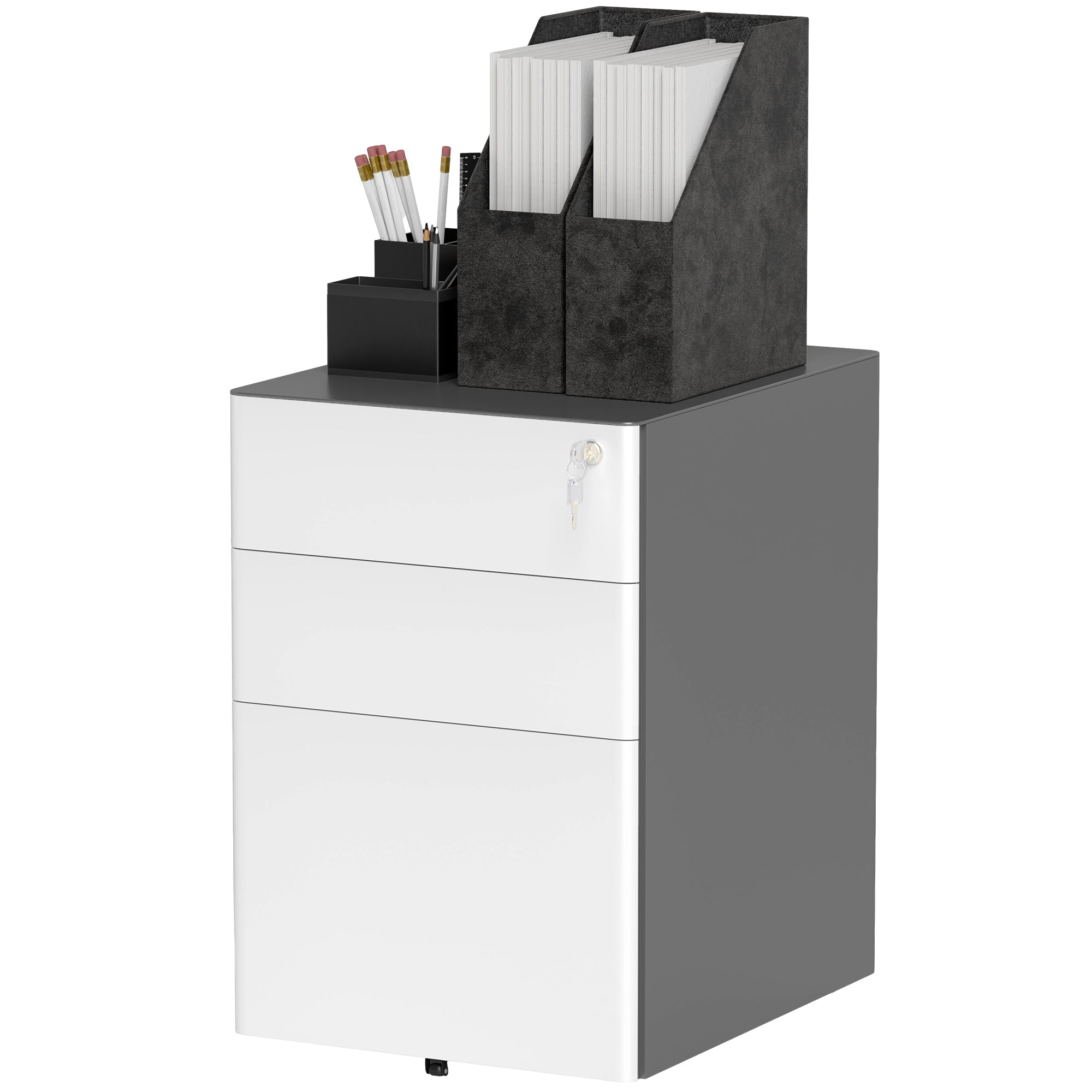 Vinsetto 3 Drawer Vertical File Cabinet, Lockable Steel Filing Cabinet with Hanging Bar for Letter A4 Legal Size Files, Printer Stand with Pre-Assembled Body, Grey and White