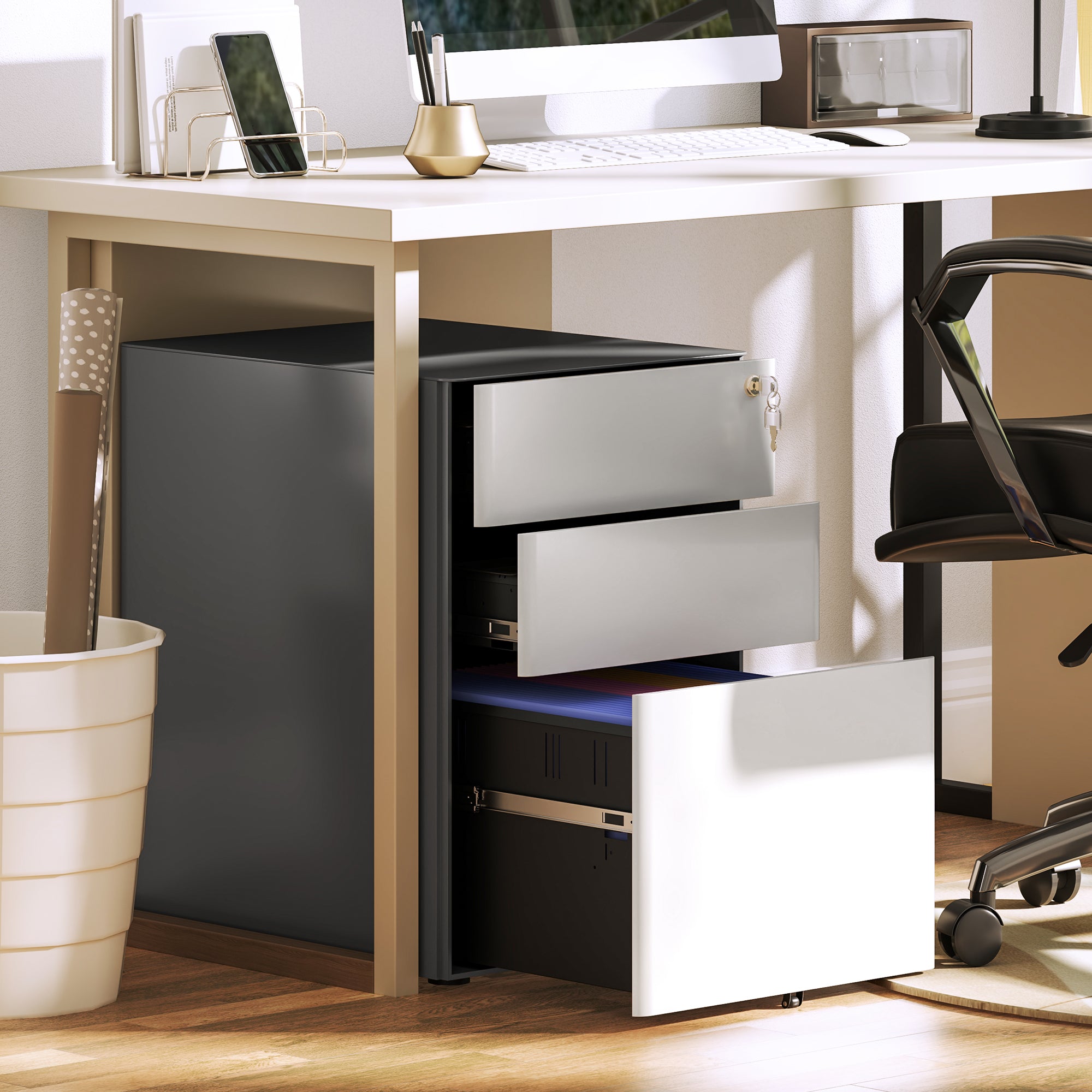 Vinsetto 3 Drawer Vertical File Cabinet, Lockable Steel Filing Cabinet with Hanging Bar for Letter A4 Legal Size Files, Printer Stand with Pre-Assembled Body, Grey and White