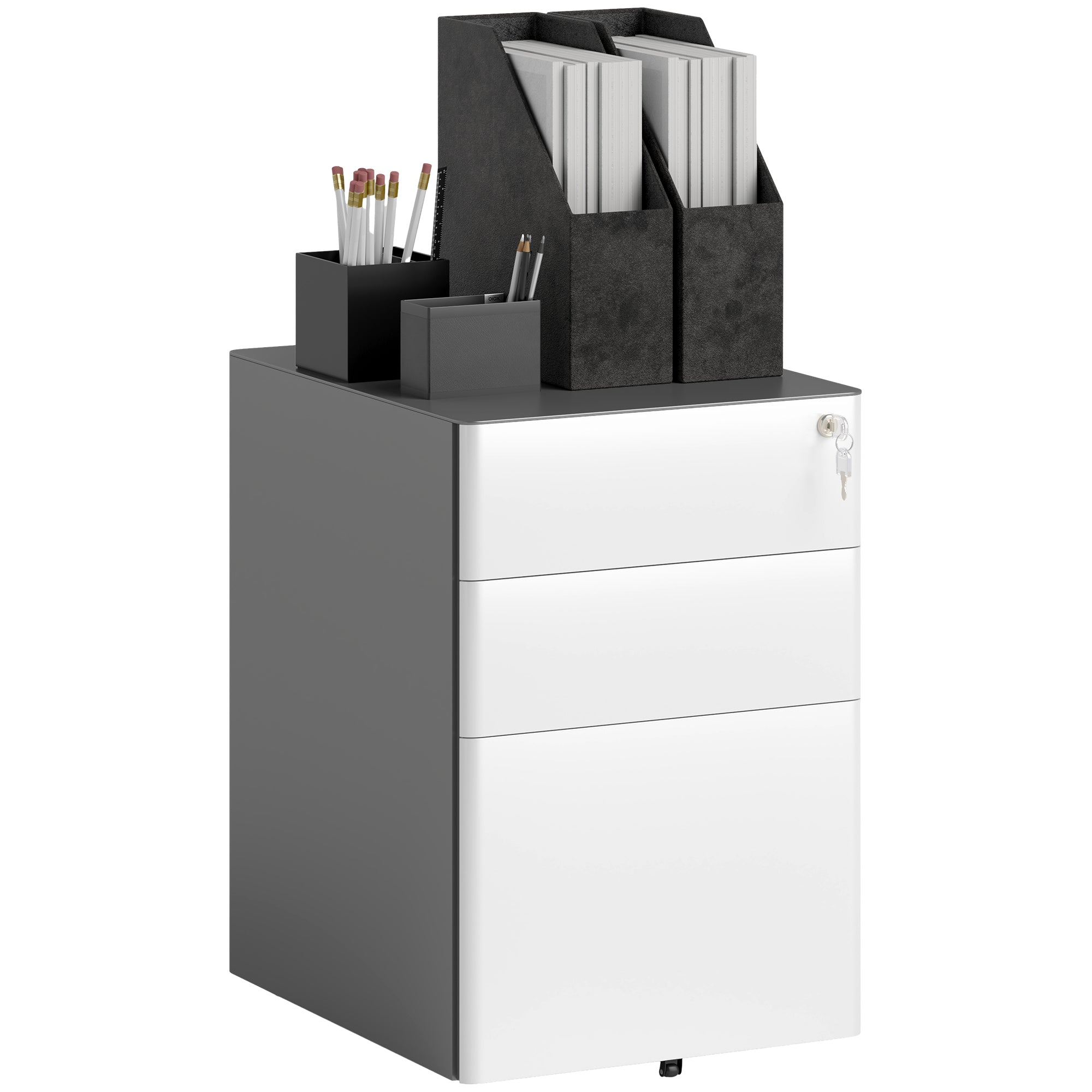 Vinsetto 3 Drawer Vertical File Cabinet, Lockable Steel Filing Cabinet with Hanging Bar for Letter A4 Legal Size Files, Printer Stand with Pre-Assembled Body, Grey and White