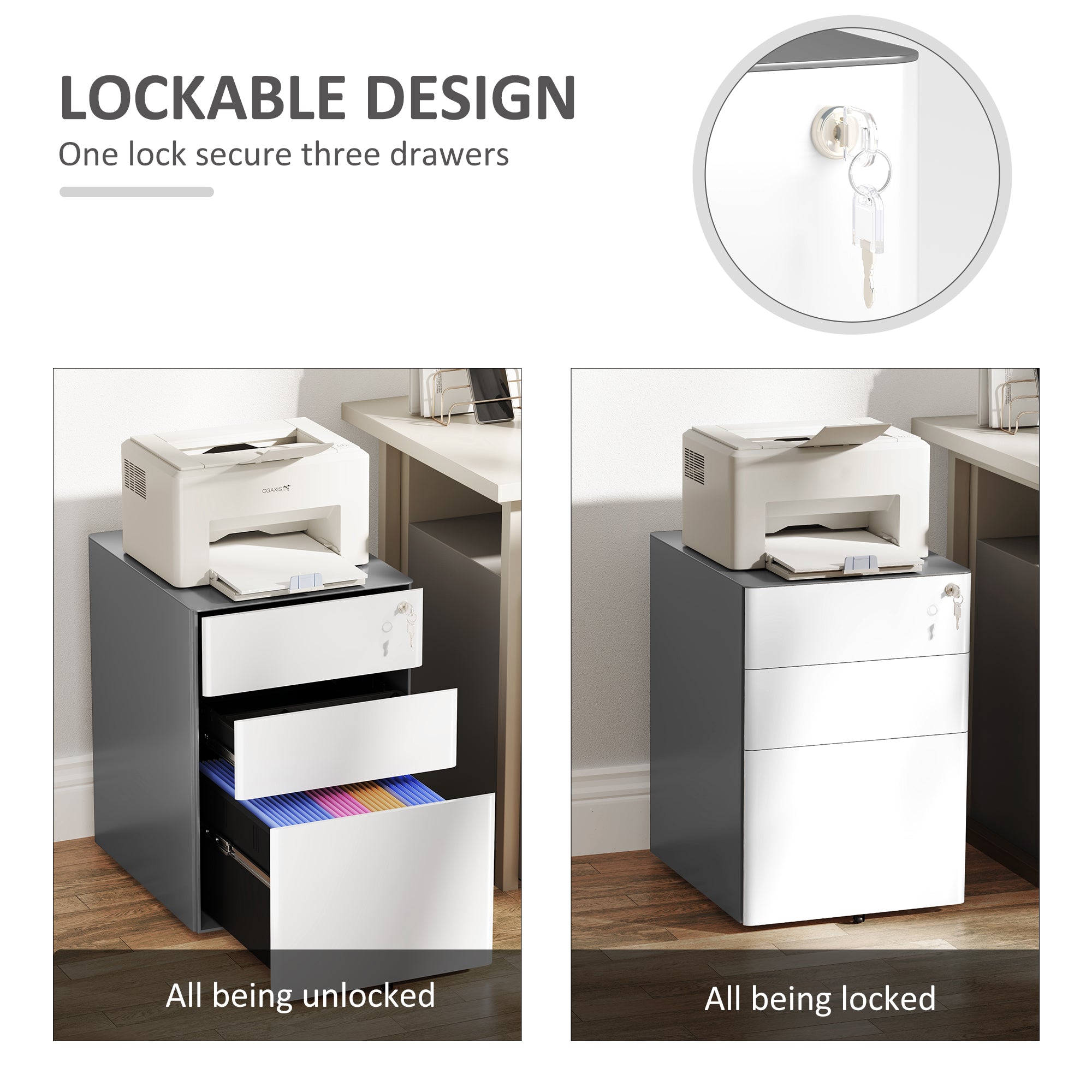 Vinsetto 3 Drawer Vertical File Cabinet, Lockable Steel Filing Cabinet with Hanging Bar for Letter A4 Legal Size Files, Printer Stand with Pre-Assembled Body, Grey and White