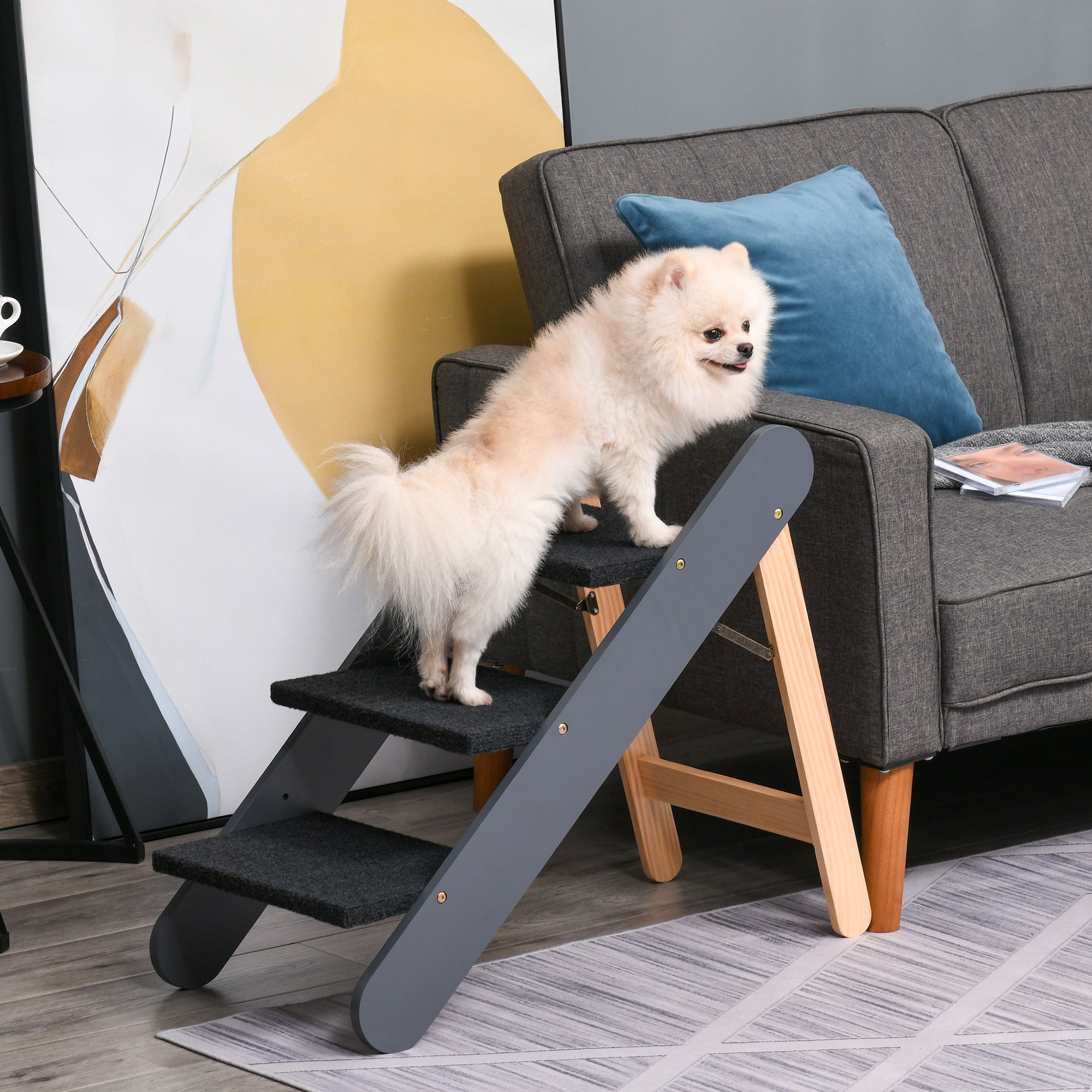 PawHut Wooden Pet Stairs 2 In 1 Convertible Carpeted Ramp Foldable 3 Level Ladder for High Bed Couch Car