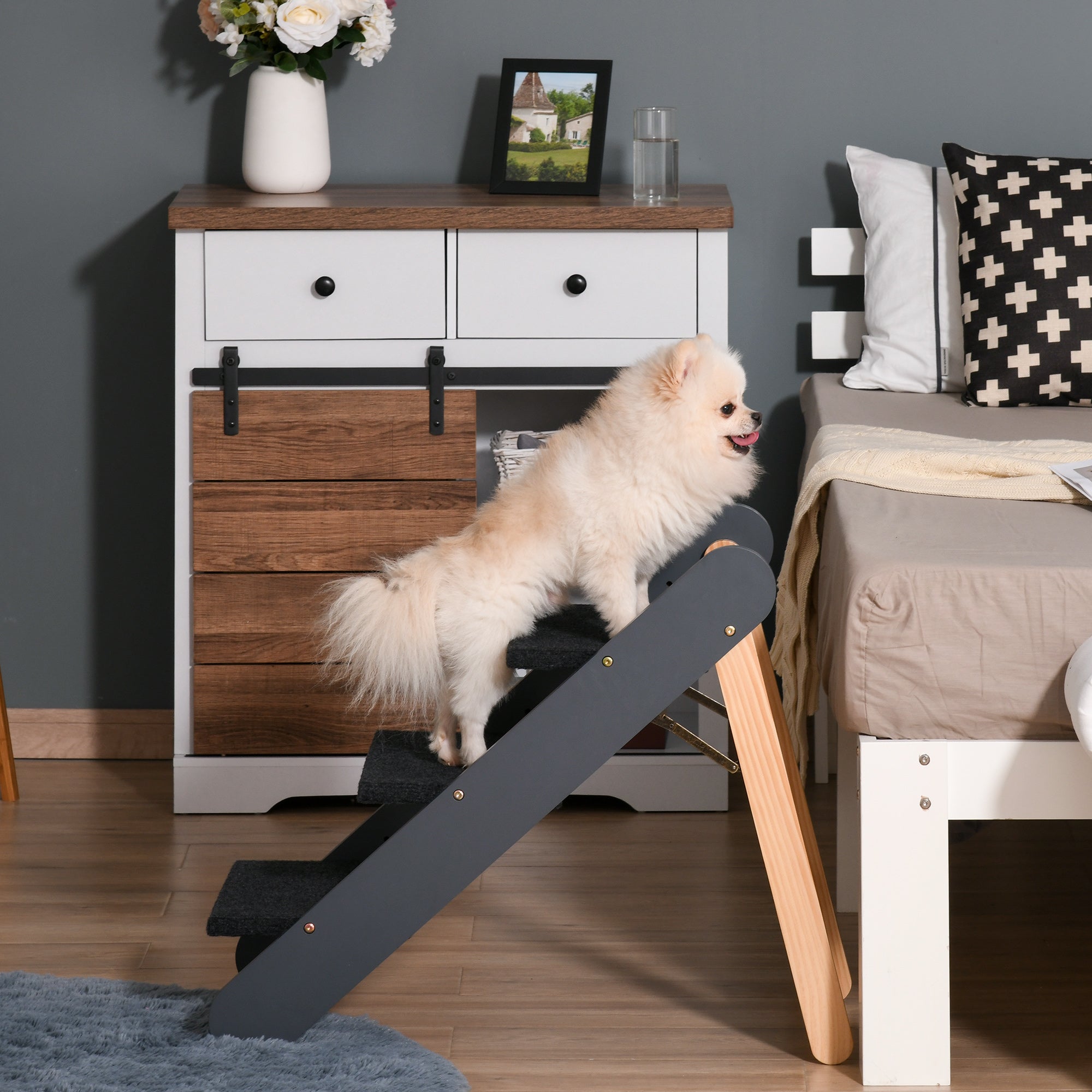PawHut Wooden Pet Stairs 2 In 1 Convertible Carpeted Ramp Foldable 3 Level Ladder for High Bed Couch Car