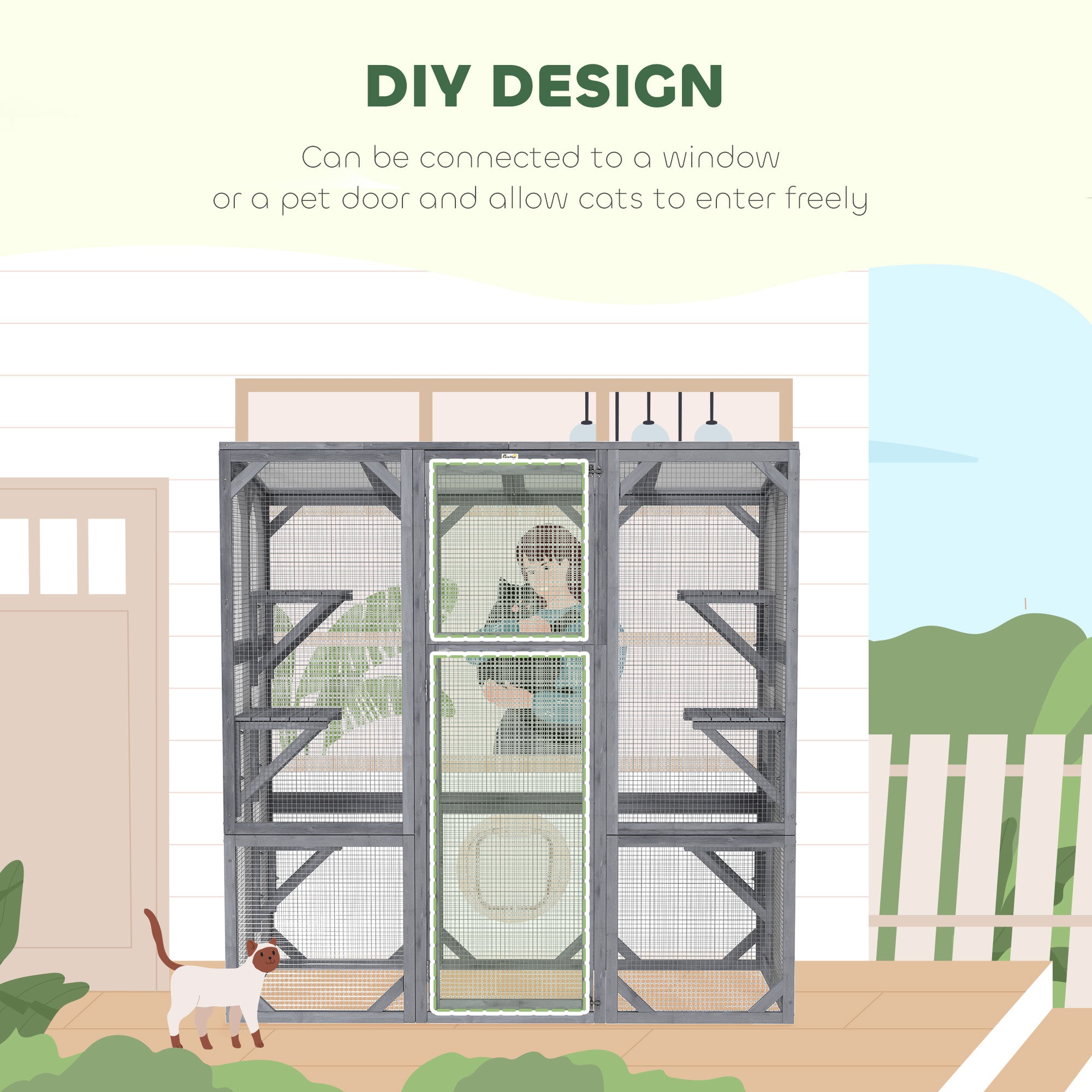 PawHut Catio Outdoor Cat Enclosure, Large Wooden Cat House with 6 Jumping Platforms, Weatherproof Roof, Outdoor Cat Cage Cat Shelter for 1-3 Cats, 59" x 28" x 60", Gray