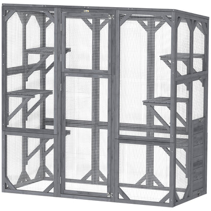 PawHut Catio Outdoor Cat Enclosure, Large Wooden Cat House with 6 Jumping Platforms, Weatherproof Roof, Outdoor Cat Cage Cat Shelter for 1-3 Cats, 59" x 28" x 60", Gray