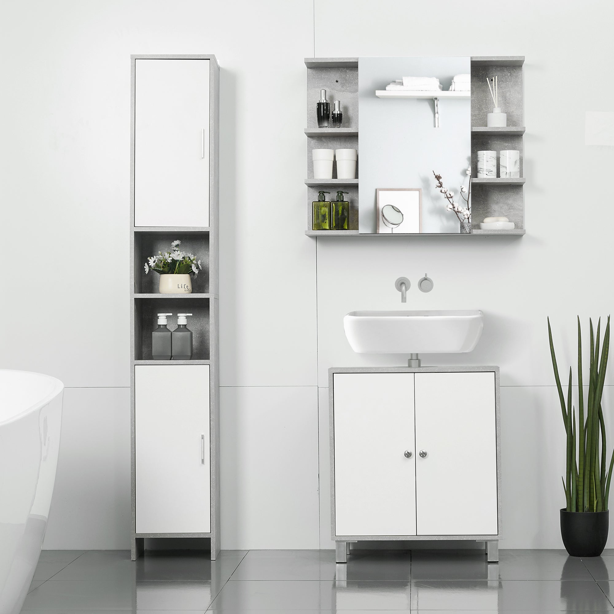 kleankin Medicine Cabinet with Mirror, Cement-Like Contemporary Bathroom Wall Cabinet with 6 Open Shelves, Grey