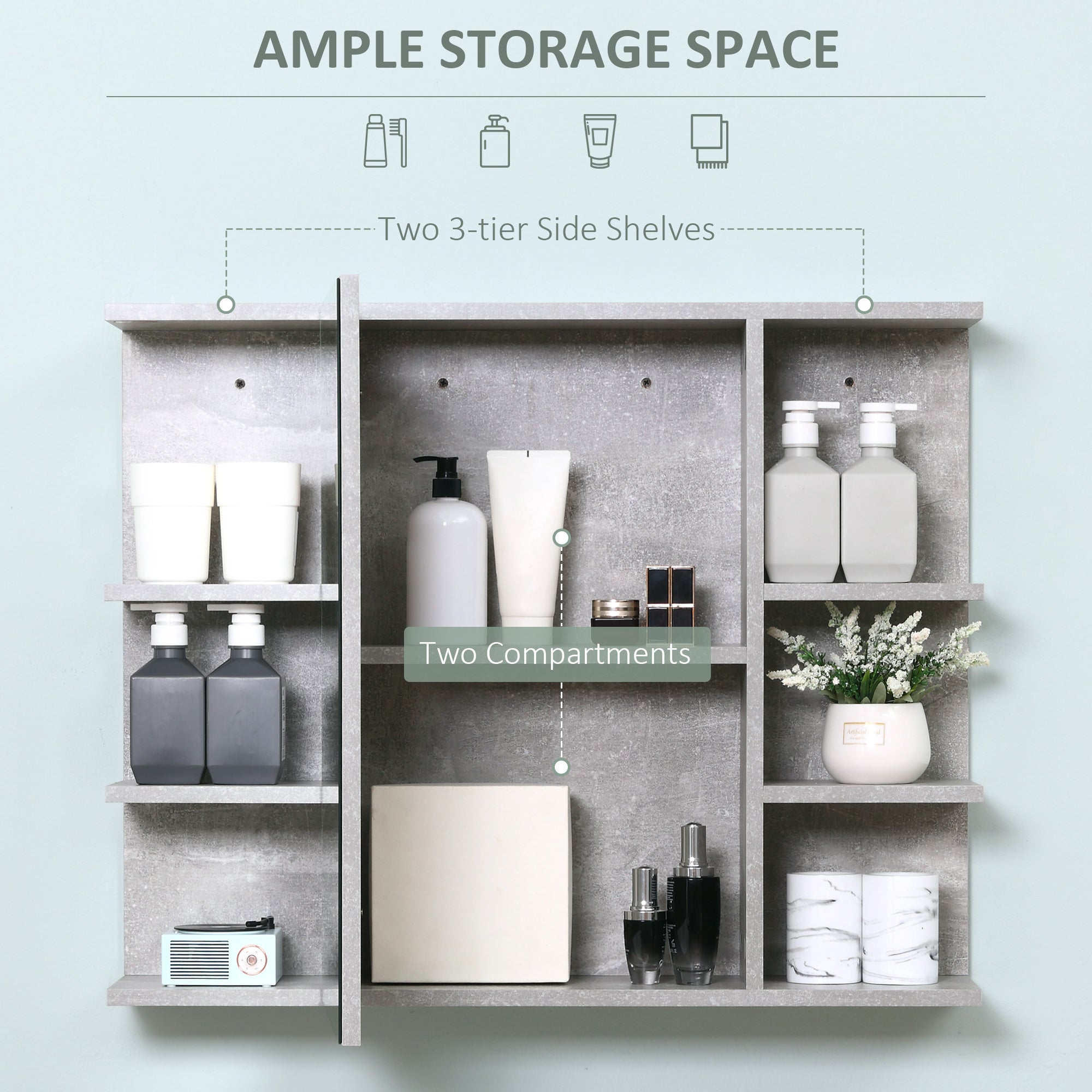 kleankin Medicine Cabinet with Mirror, Cement-Like Contemporary Bathroom Wall Cabinet with 6 Open Shelves, Grey