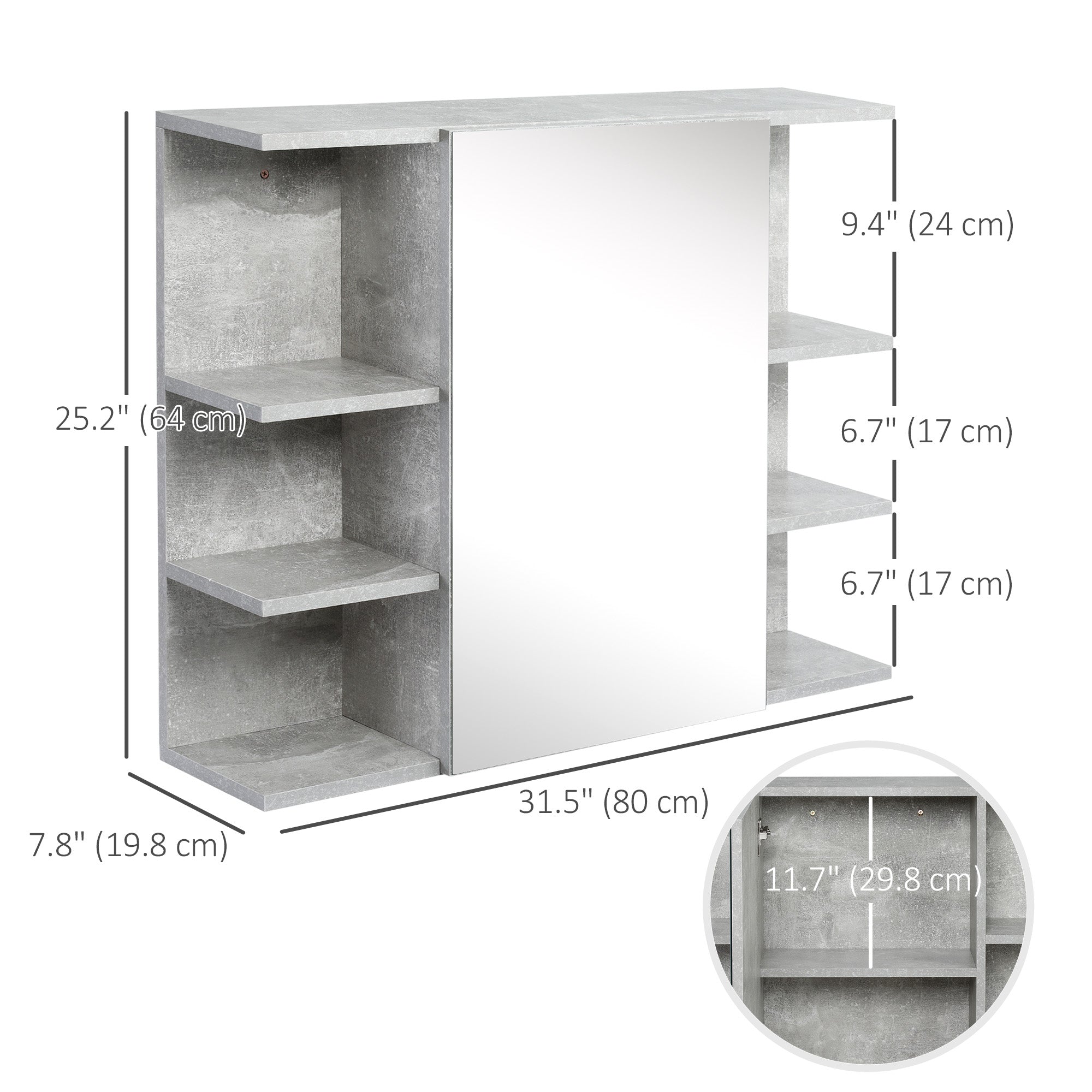 kleankin Medicine Cabinet with Mirror, Cement-Like Contemporary Bathroom Wall Cabinet with 6 Open Shelves, Grey