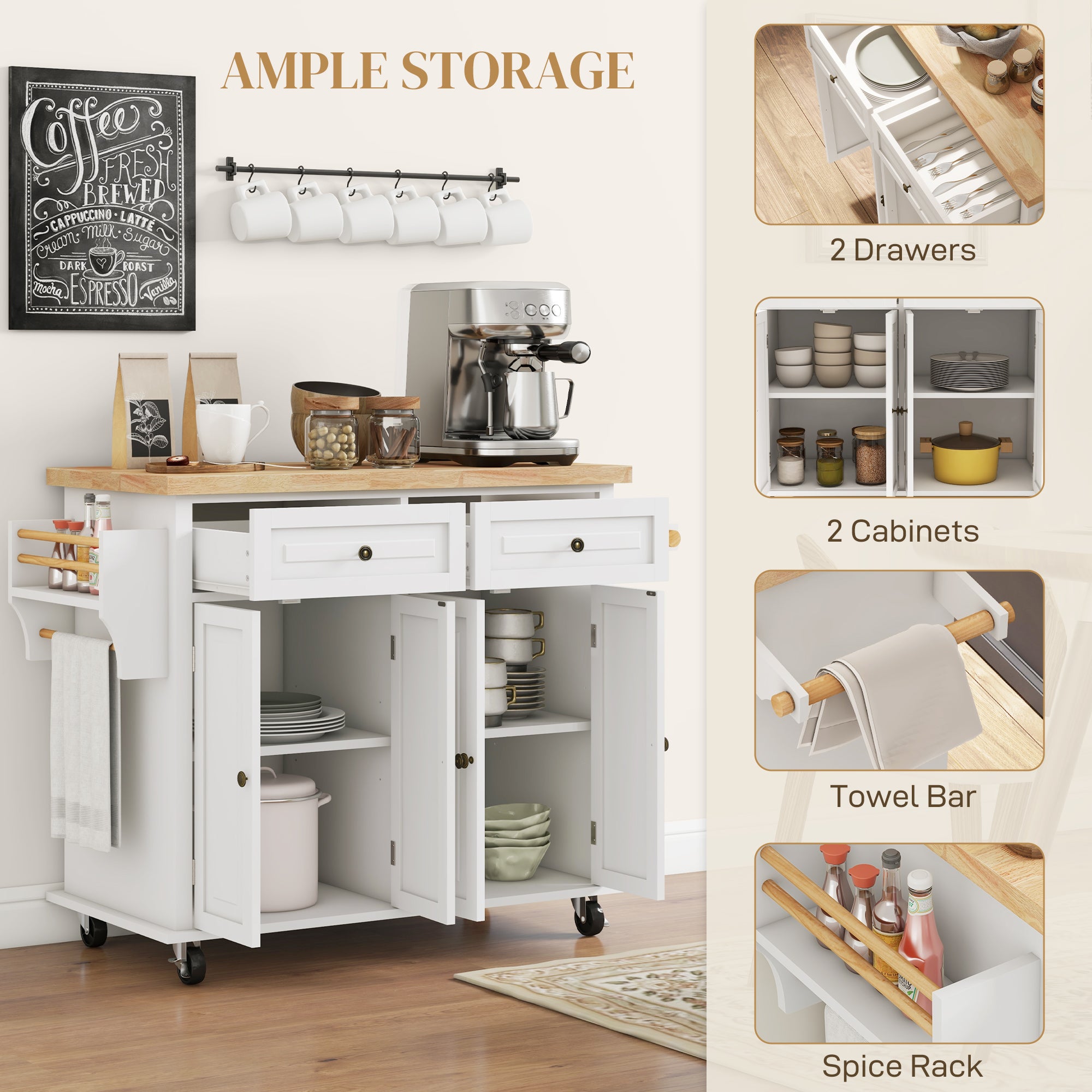 HOMCOM Kitchen Island on Wheels with Storage, Rolling Cart with Rubber wood Top, Spice Rack, Towel Rack and Drawers, Cream White