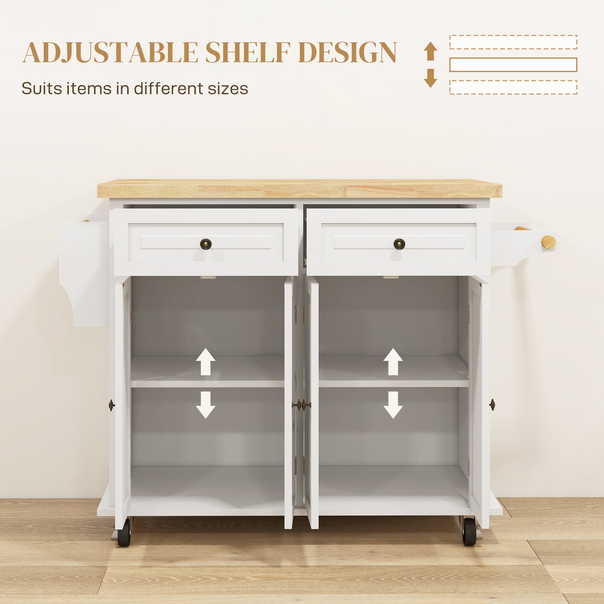 HOMCOM Kitchen Island on Wheels with Storage, Rolling Cart with Rubber wood Top, Spice Rack, Towel Rack and Drawers, Cream White