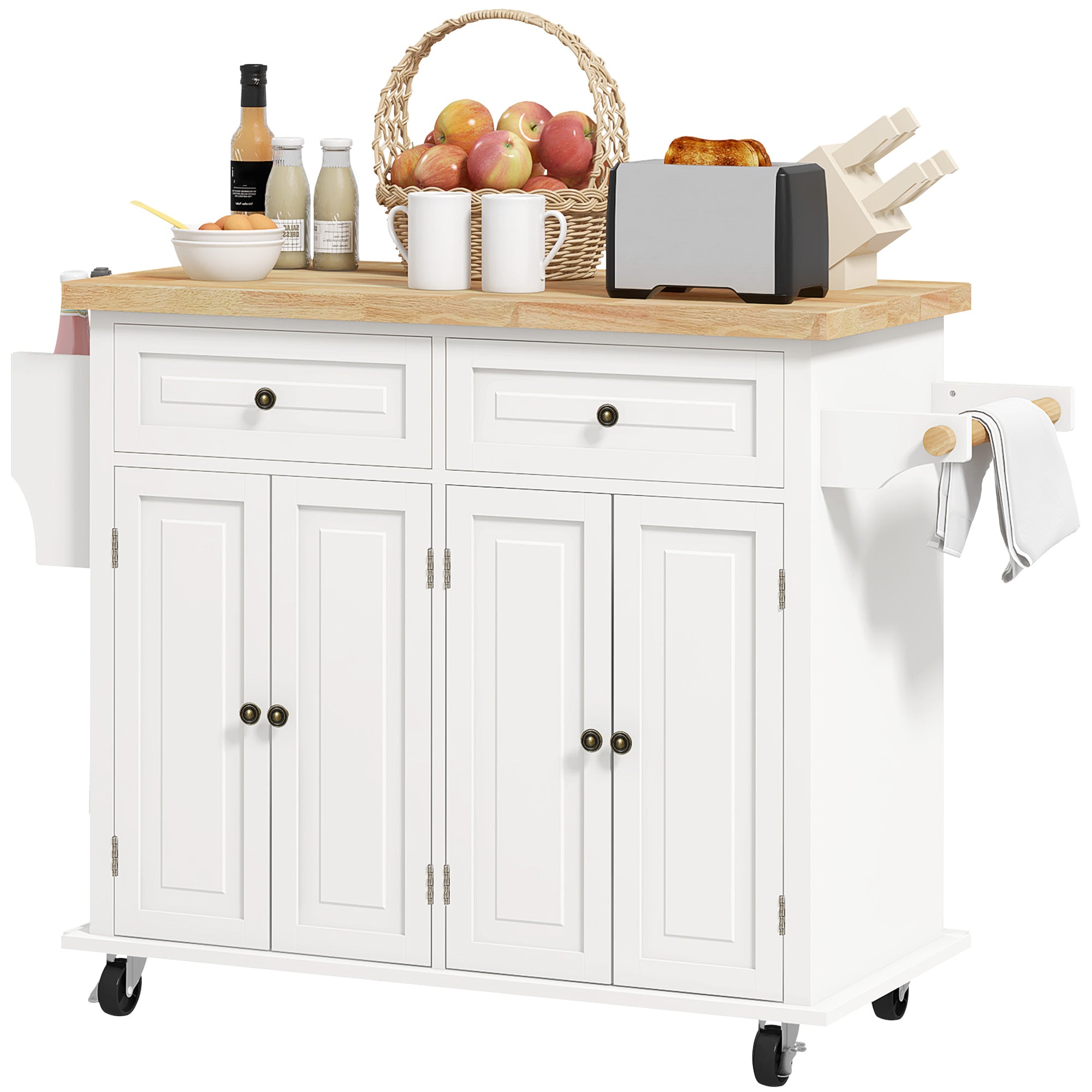 HOMCOM Kitchen Island on Wheels with Storage, Rolling Cart with Rubber wood Top, Spice Rack, Towel Rack and Drawers, Cream White
