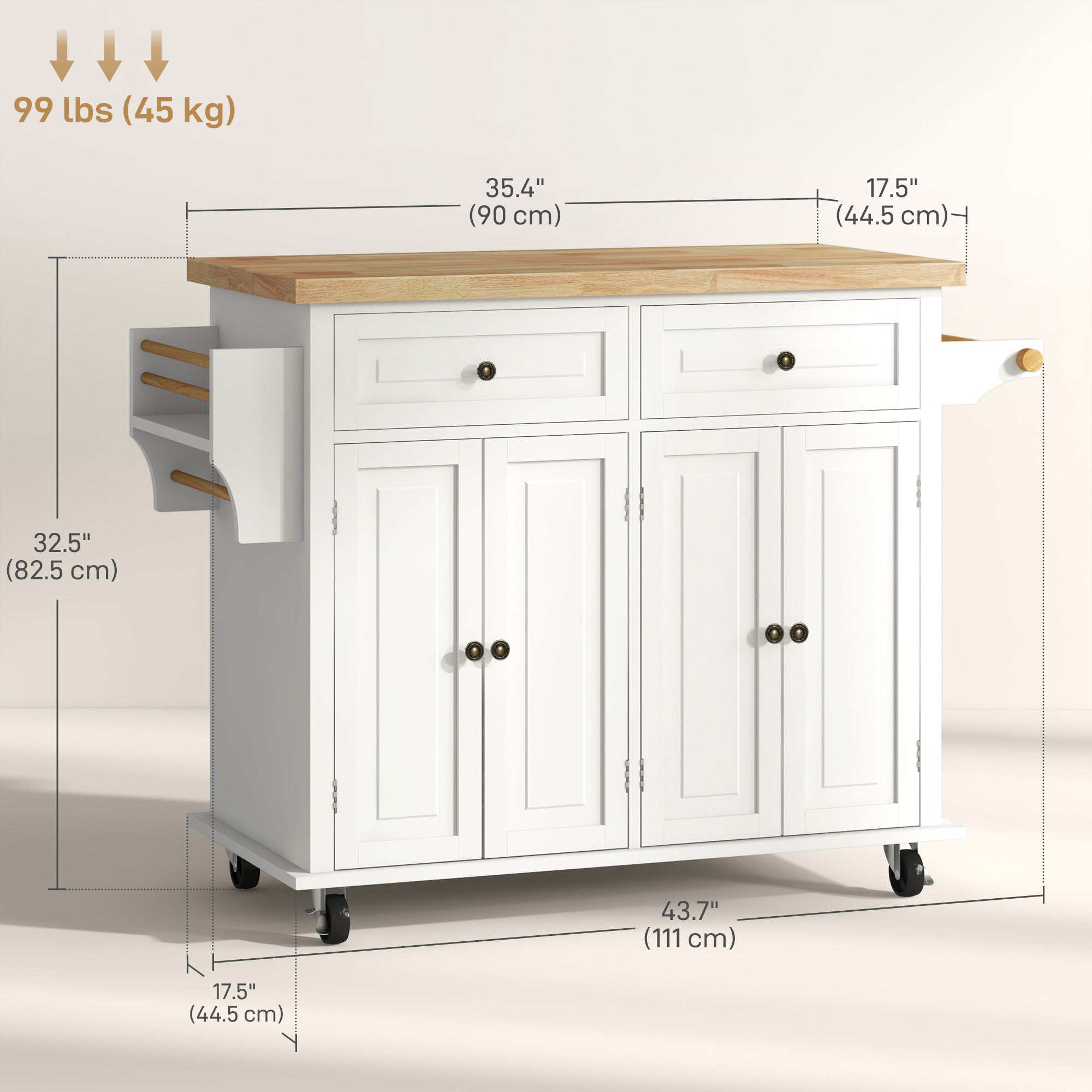HOMCOM Kitchen Island on Wheels with Storage, Rolling Cart with Rubber wood Top, Spice Rack, Towel Rack and Drawers, Cream White