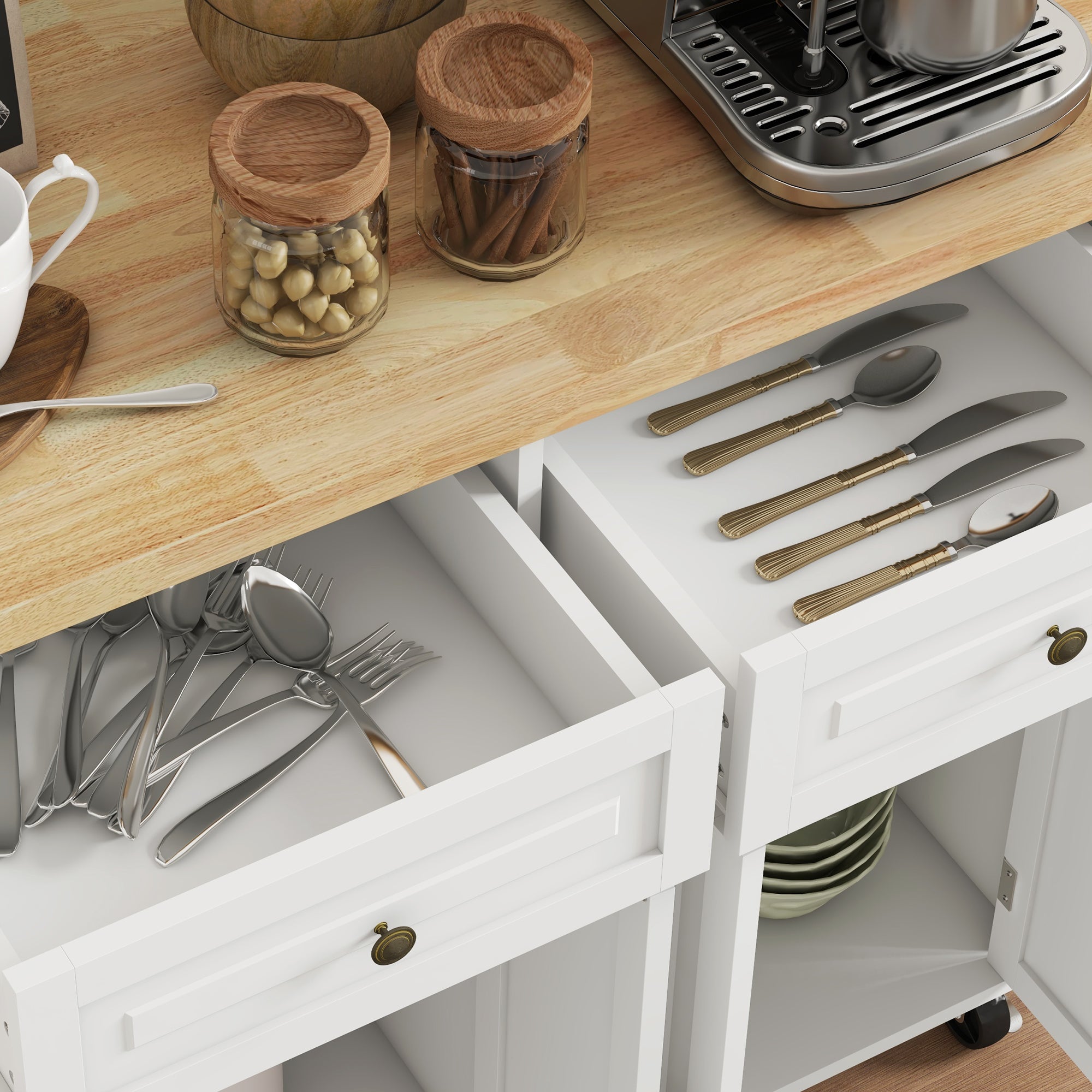 HOMCOM Kitchen Island on Wheels with Storage, Rolling Cart with Rubber wood Top, Spice Rack, Towel Rack and Drawers, Cream White