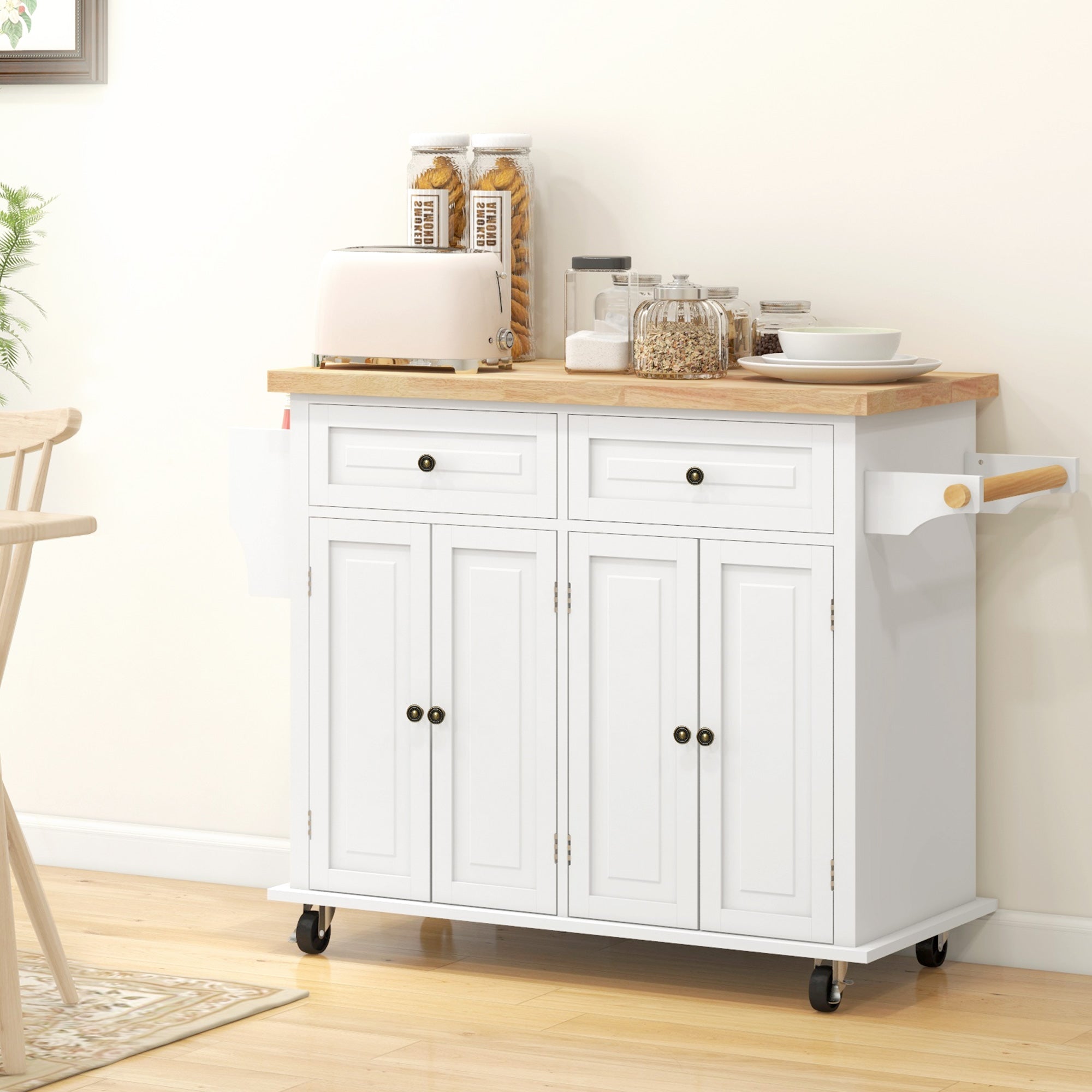 HOMCOM Kitchen Island on Wheels with Storage, Rolling Cart with Rubber wood Top, Spice Rack, Towel Rack and Drawers, Cream White
