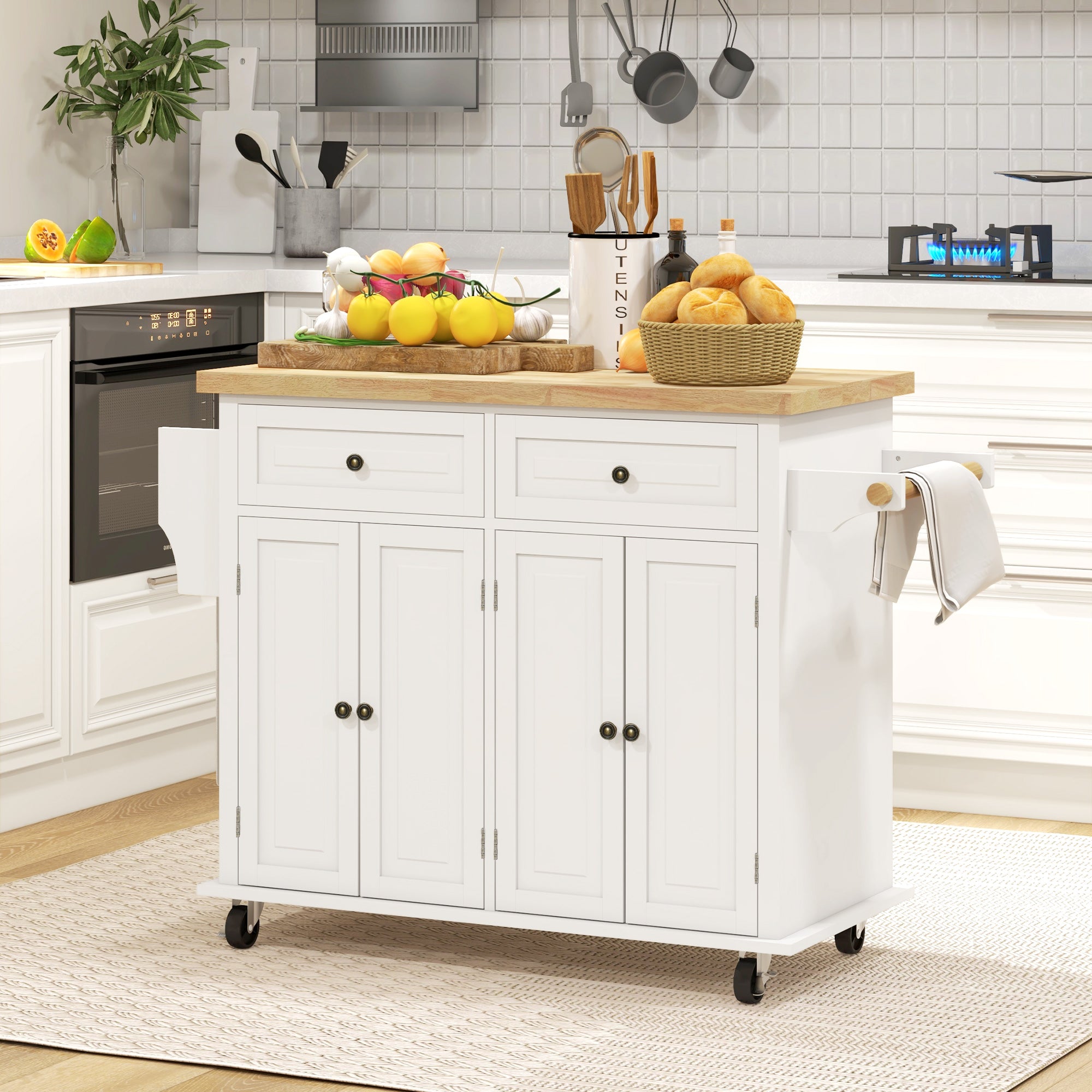 HOMCOM Kitchen Island on Wheels with Storage, Rolling Cart with Rubber wood Top, Spice Rack, Towel Rack and Drawers, Cream White