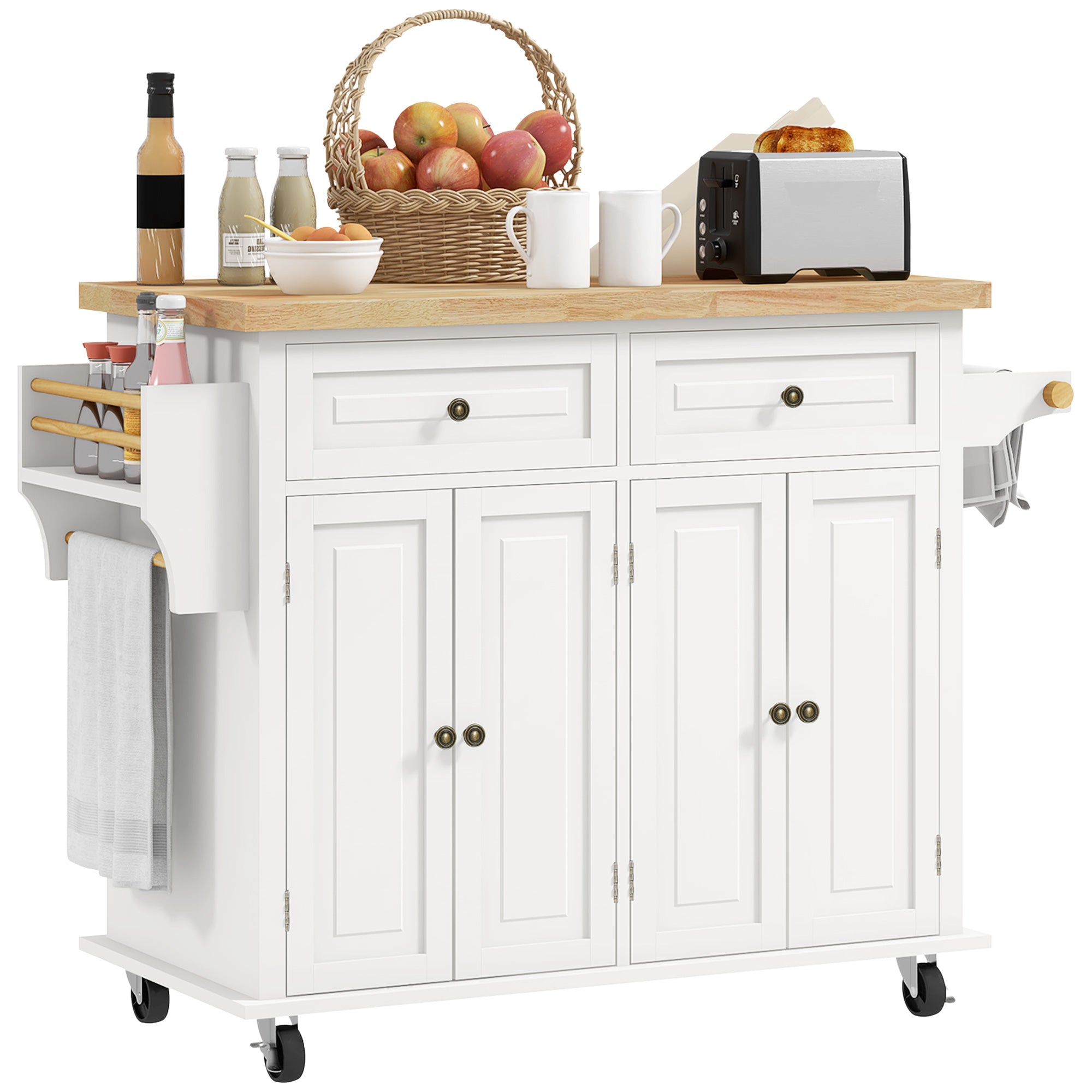 HOMCOM Kitchen Island on Wheels with Storage, Rolling Cart with Rubber wood Top, Spice Rack, Towel Rack and Drawers, Cream White