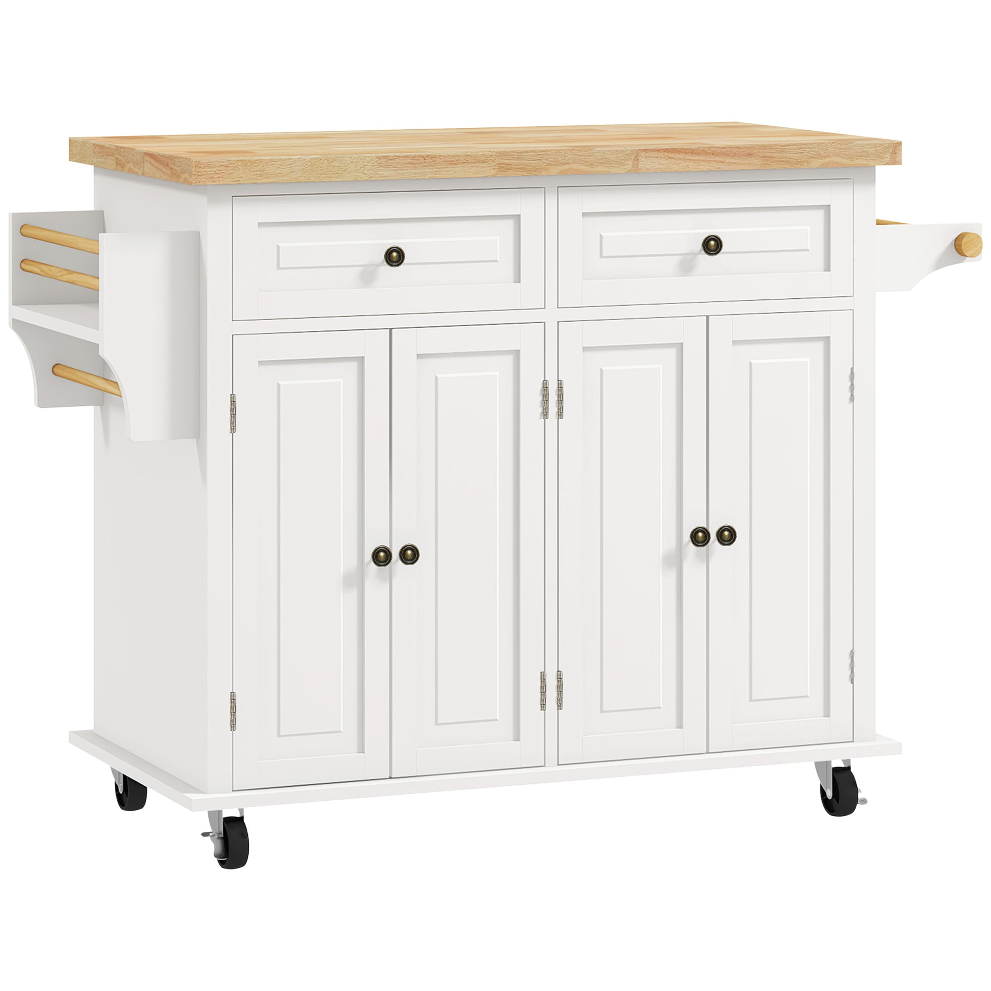 HOMCOM Kitchen Island on Wheels with Storage, Rolling Cart with Rubber wood Top, Spice Rack, Towel Rack and Drawers, Cream White