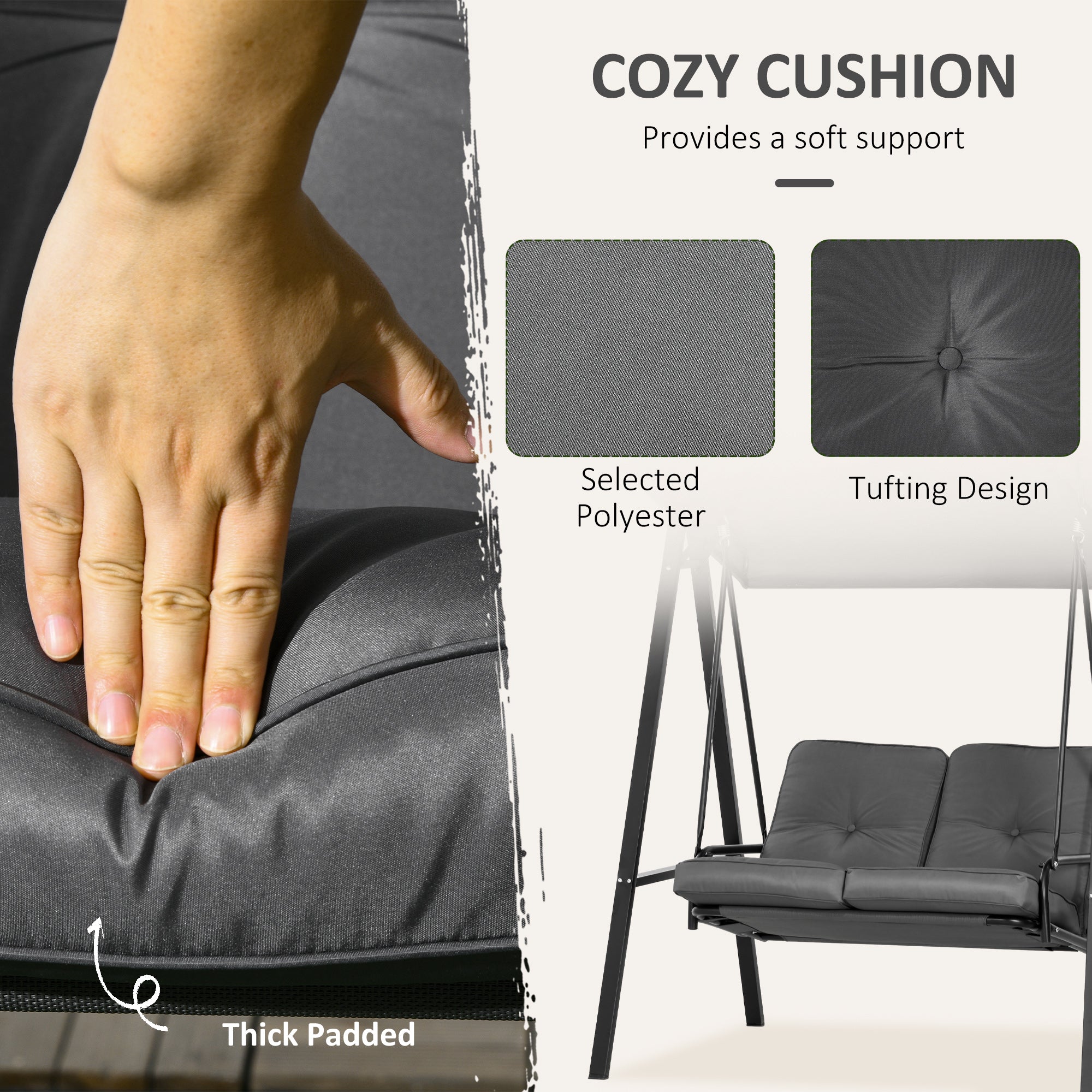 Outsunny 2 Seater Covered Outdoor Swing Chair Porch Swing Bench Lounger Hammock with Removable Cushion Tilt Canopy, Dark Grey