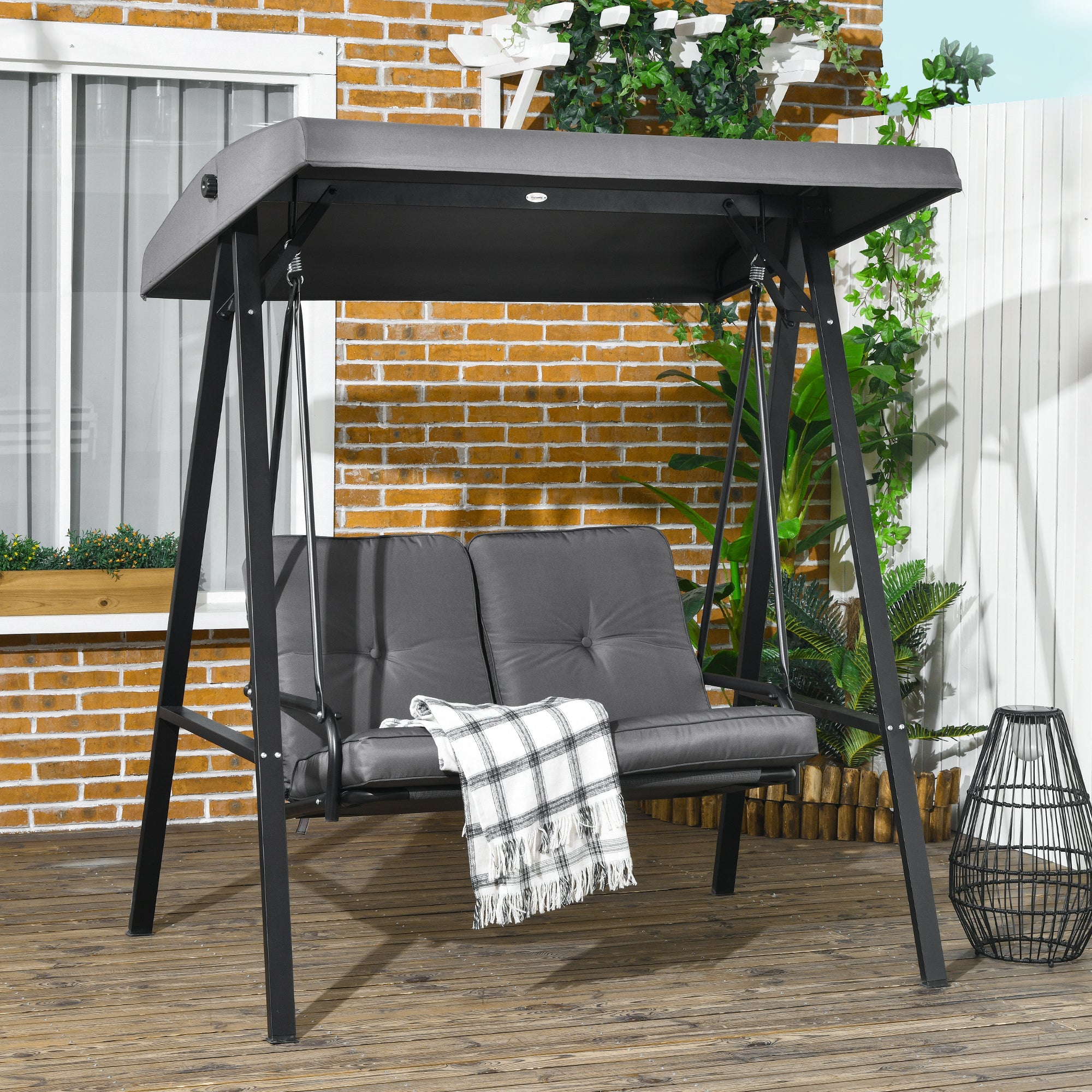 Outsunny 2 Seater Covered Outdoor Swing Chair Porch Swing Bench Lounger Hammock with Removable Cushion Tilt Canopy, Dark Grey