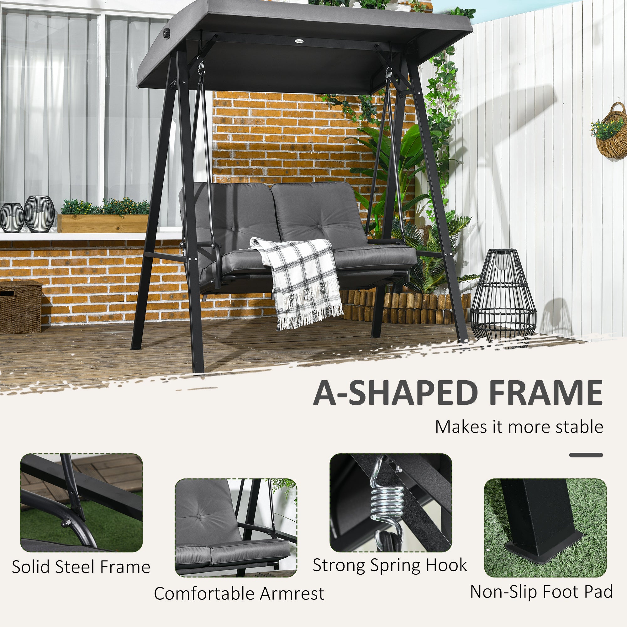 Outsunny 2 Seater Covered Outdoor Swing Chair Porch Swing Bench Lounger Hammock with Removable Cushion Tilt Canopy, Dark Grey