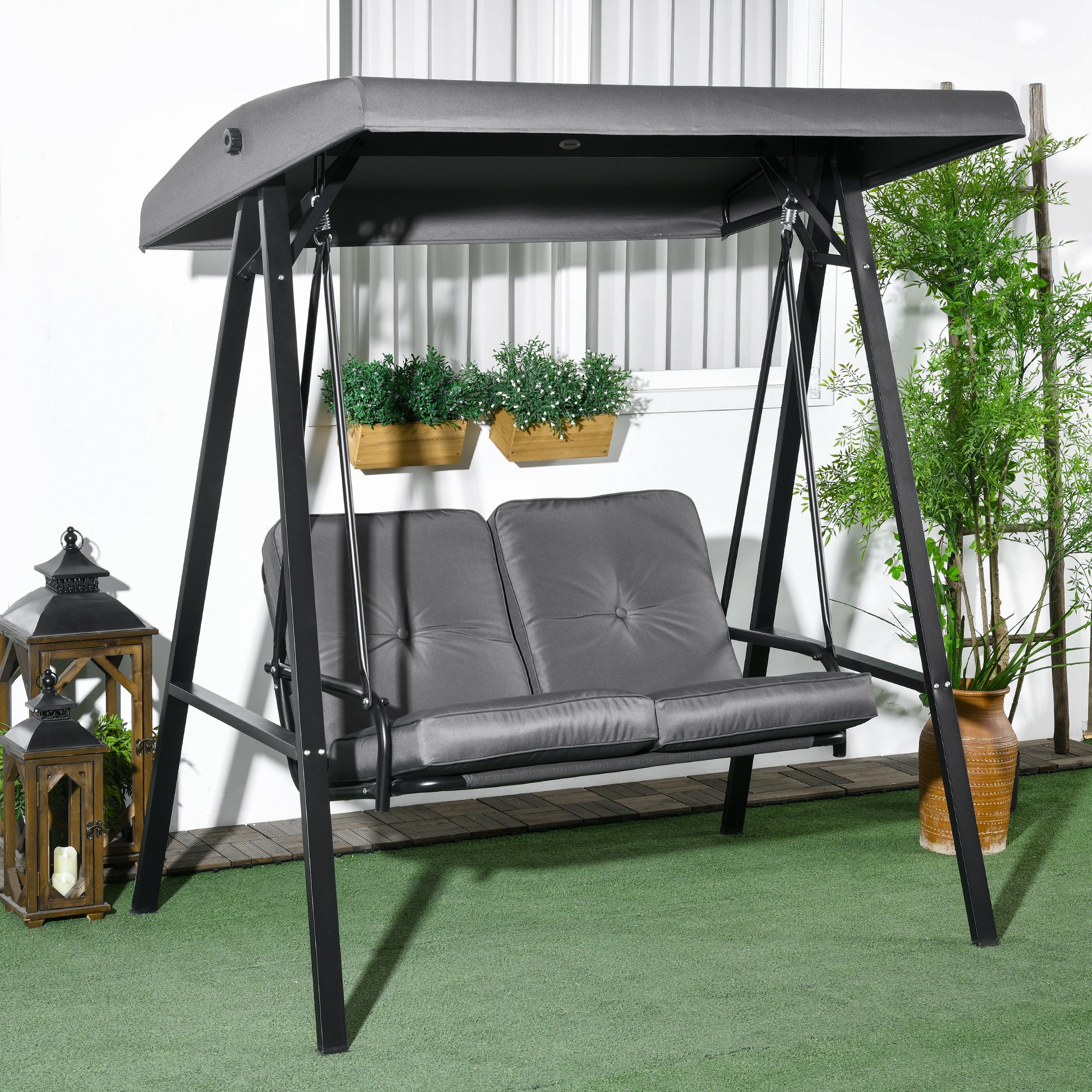 Outsunny 2 Seater Covered Outdoor Swing Chair Porch Swing Bench Lounger Hammock with Removable Cushion Tilt Canopy, Dark Grey