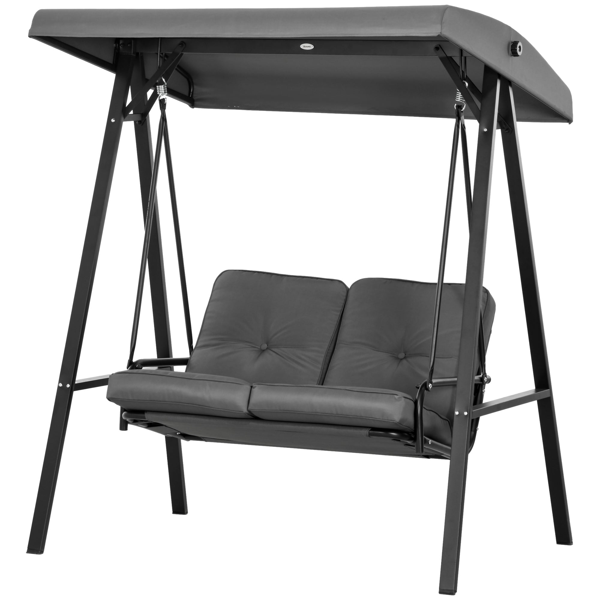 Outsunny 2 Seater Covered Outdoor Swing Chair Porch Swing Bench Lounger Hammock with Removable Cushion Tilt Canopy, Dark Grey